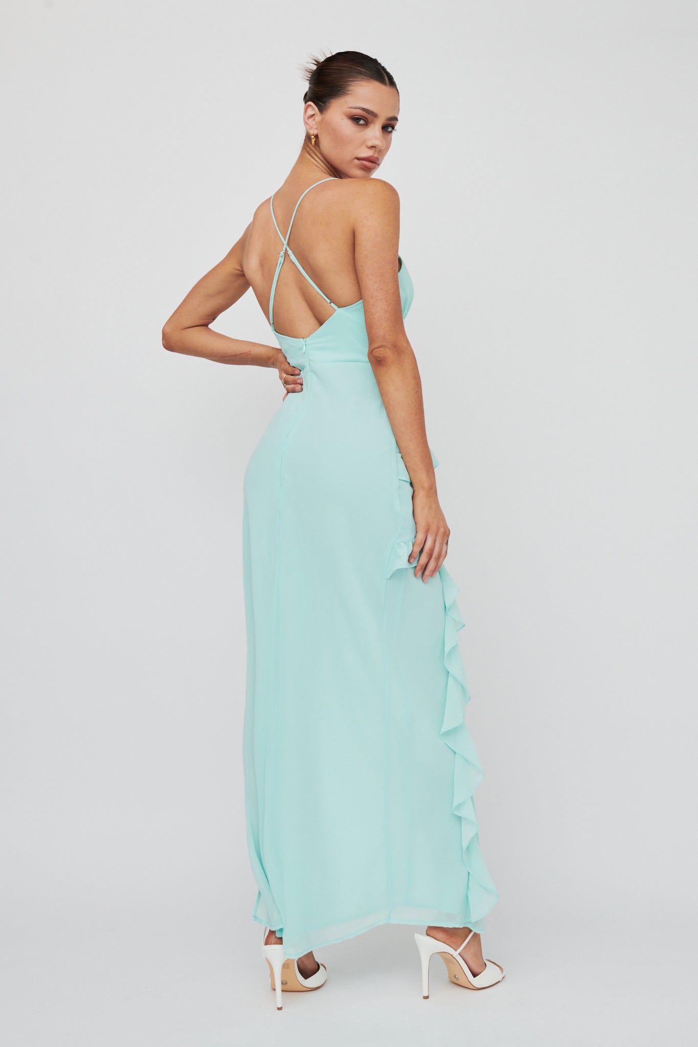 Check Mate Frill Trim Cut-Out Split Dress Mint by Selfie Leslie