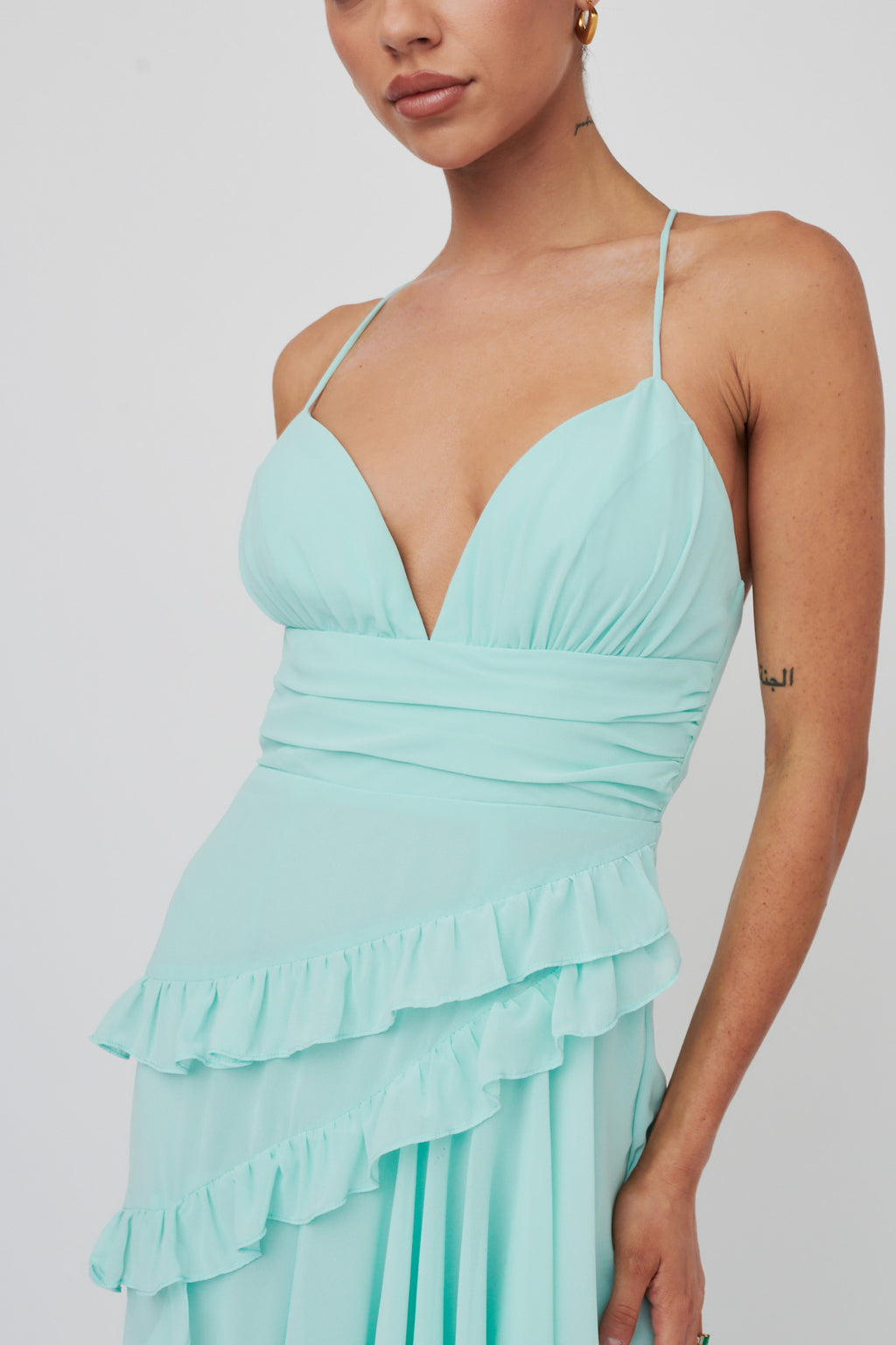 Check Mate Frill Trim Cut-Out Split Dress Mint by Selfie Leslie