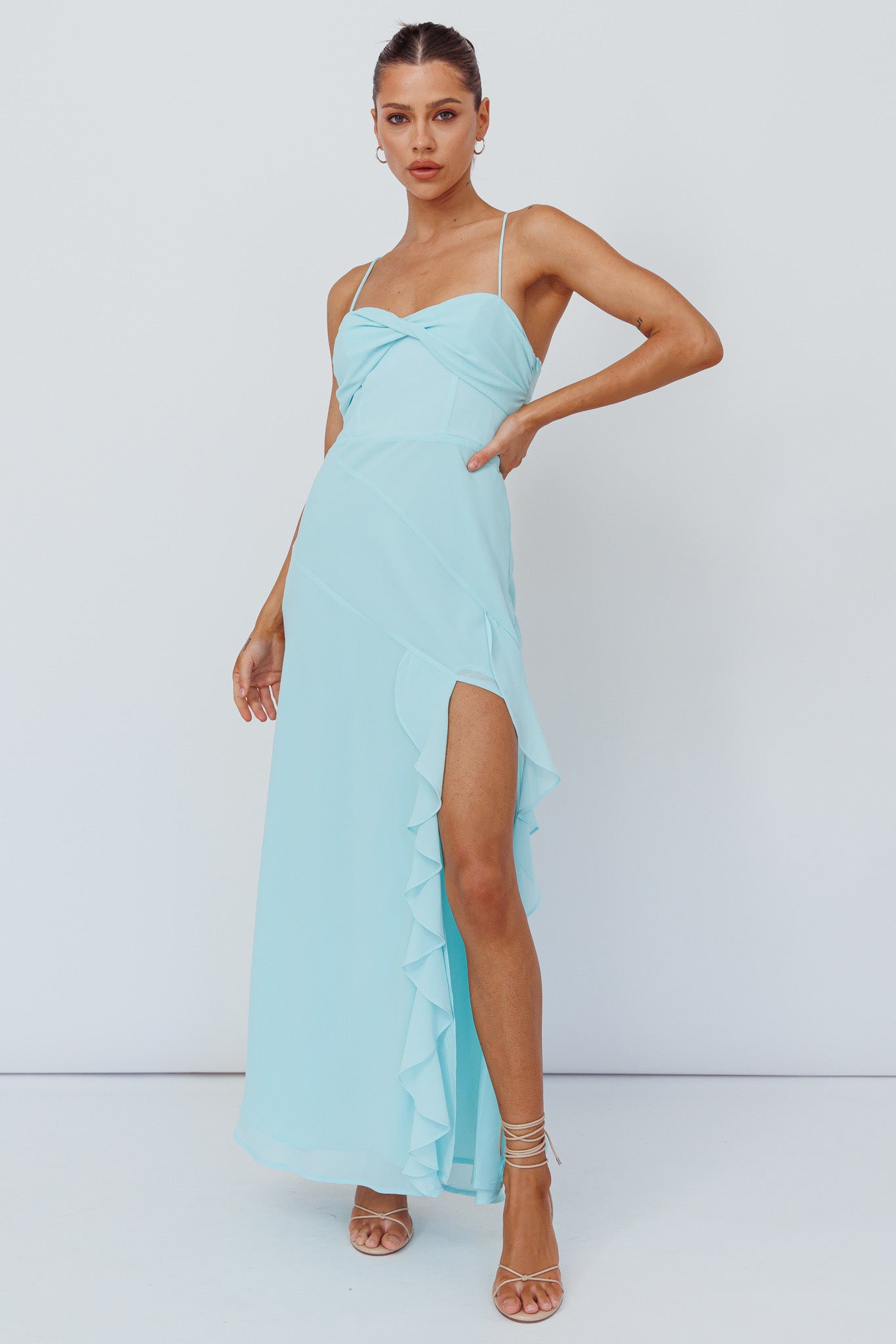 Jayna Ruffle Trim Split Dress Mint by Selfie Leslie