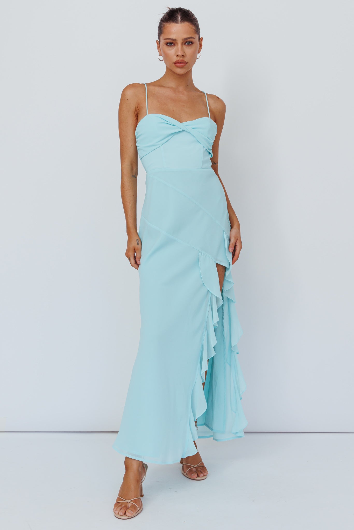 Jayna Ruffle Trim Split Dress Mint by Selfie Leslie