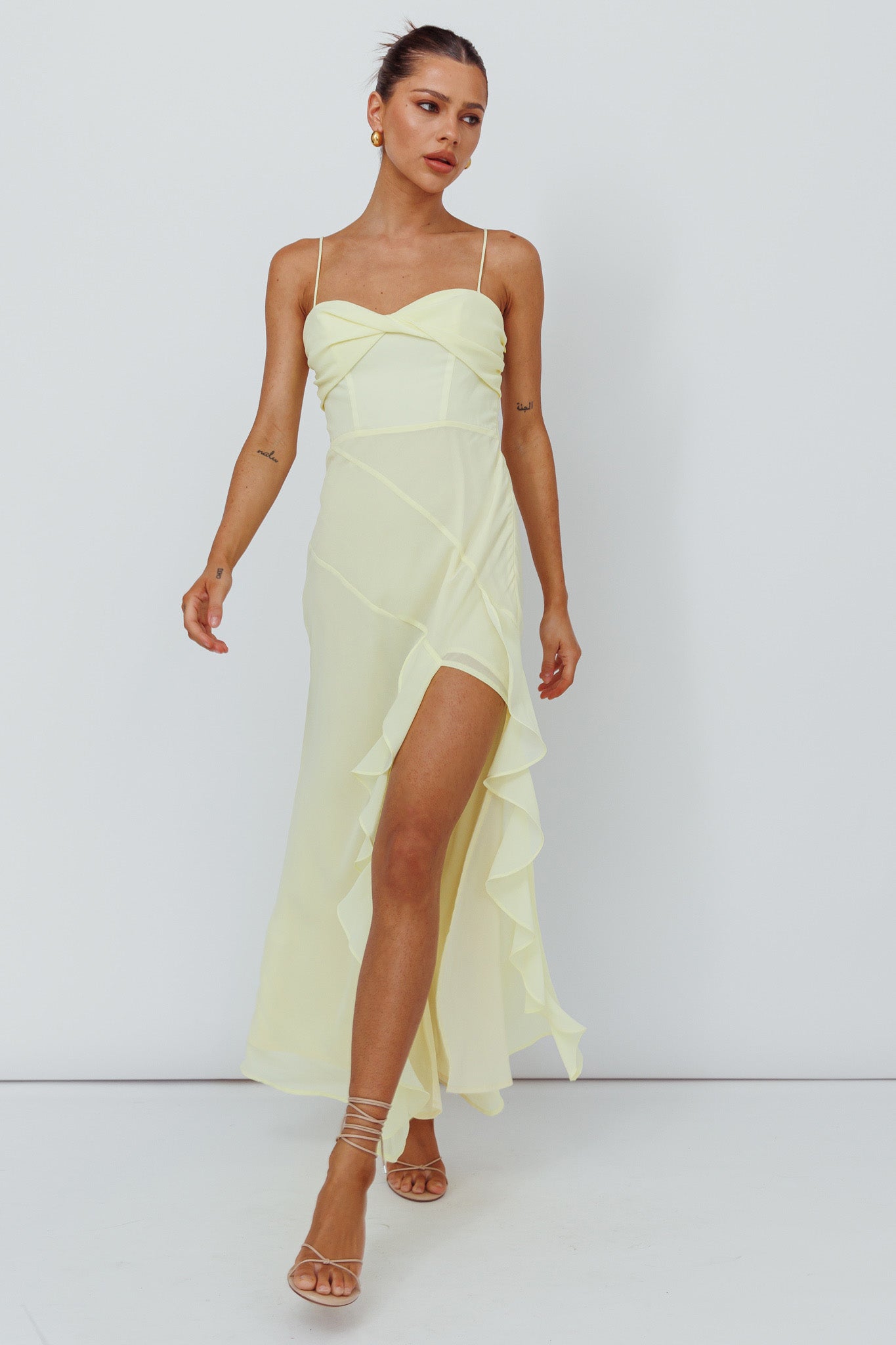 Jayna Ruffle Trim Split Dress Yellow by Selfie Leslie