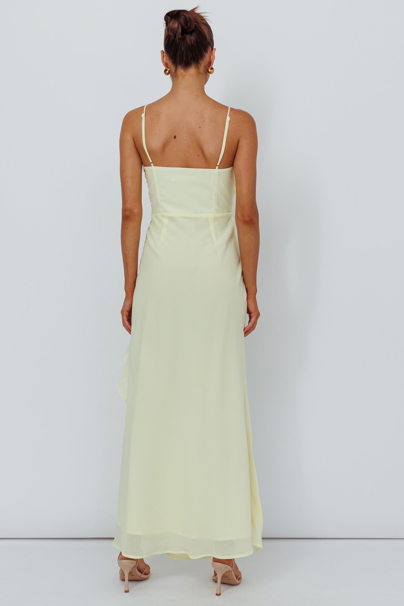 Jayna Ruffle Trim Split Dress Yellow by Selfie Leslie