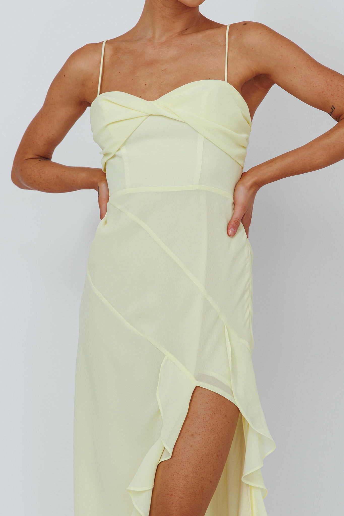 Jayna Ruffle Trim Split Dress Yellow by Selfie Leslie