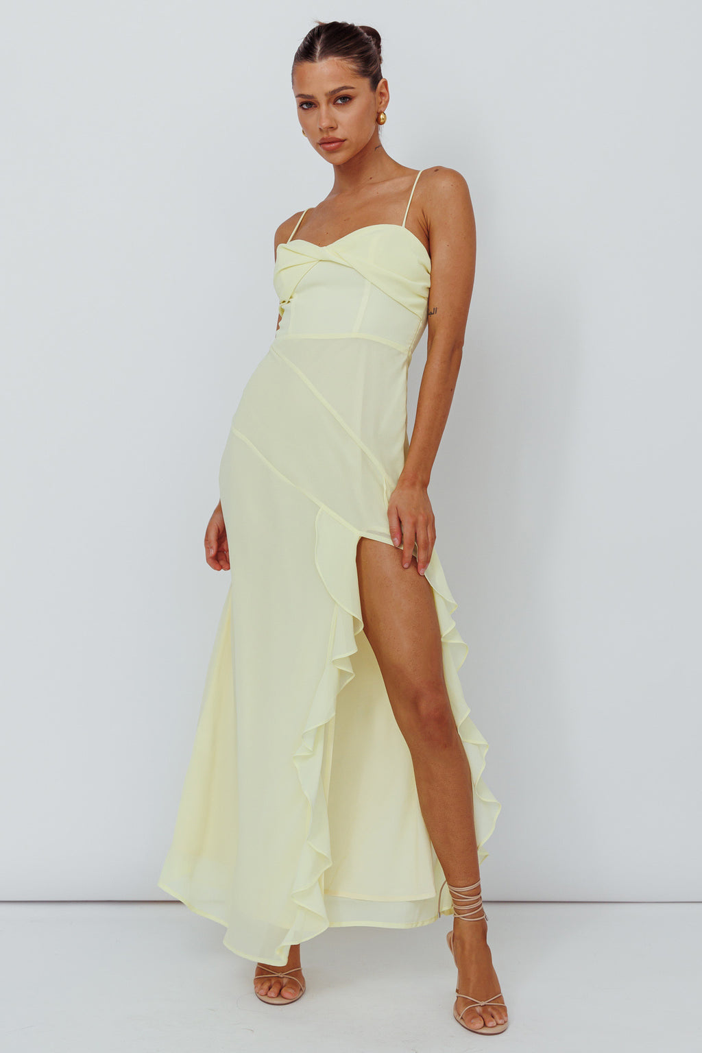 Jayna Ruffle Trim Split Dress Yellow by Selfie Leslie