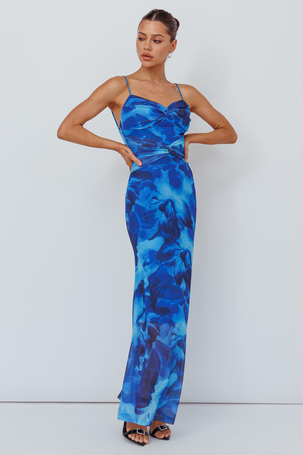 Beulah Twist Bodice Maxi Dress Floral Blue by Selfie Leslie