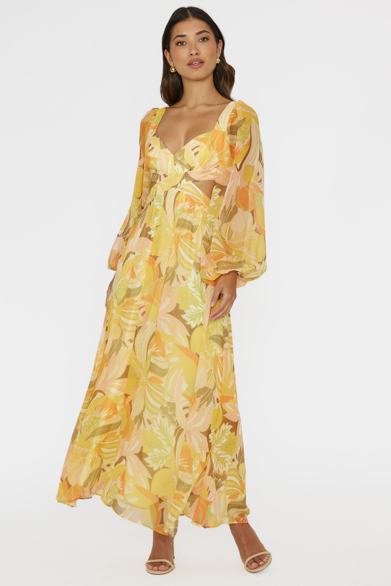 Maura Long Sleeve Lace-Up Back Dress Floral Yellow - S Maura Long Sleeve Lace-Up Back Dress Floral Yellow - S