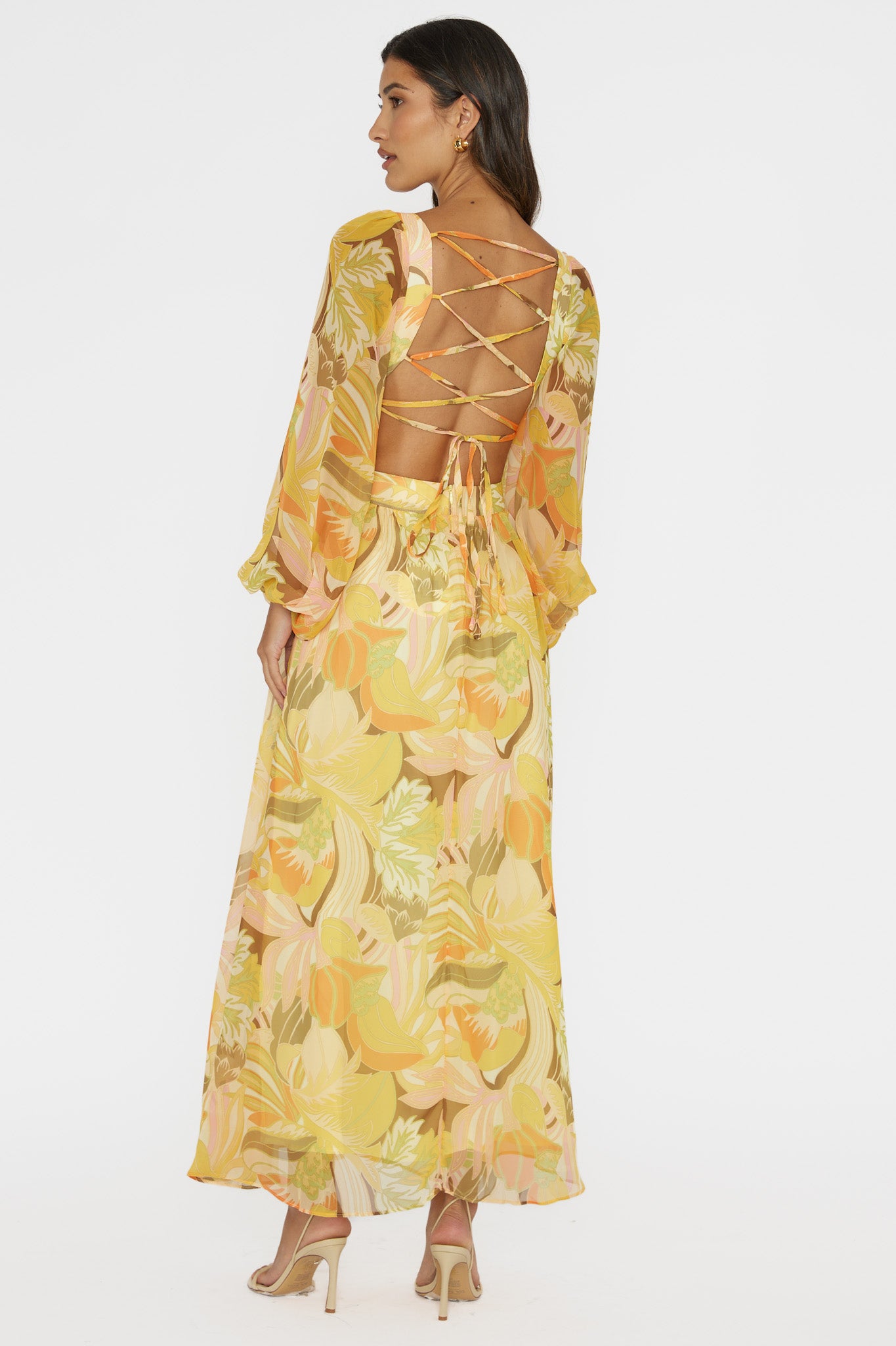 Maura Long Sleeve Lace-Up Back Dress Floral Yellow Selfie Leslie Maura Long Sleeve Lace-Up Back Dress Floral Yellow Selfie Leslie