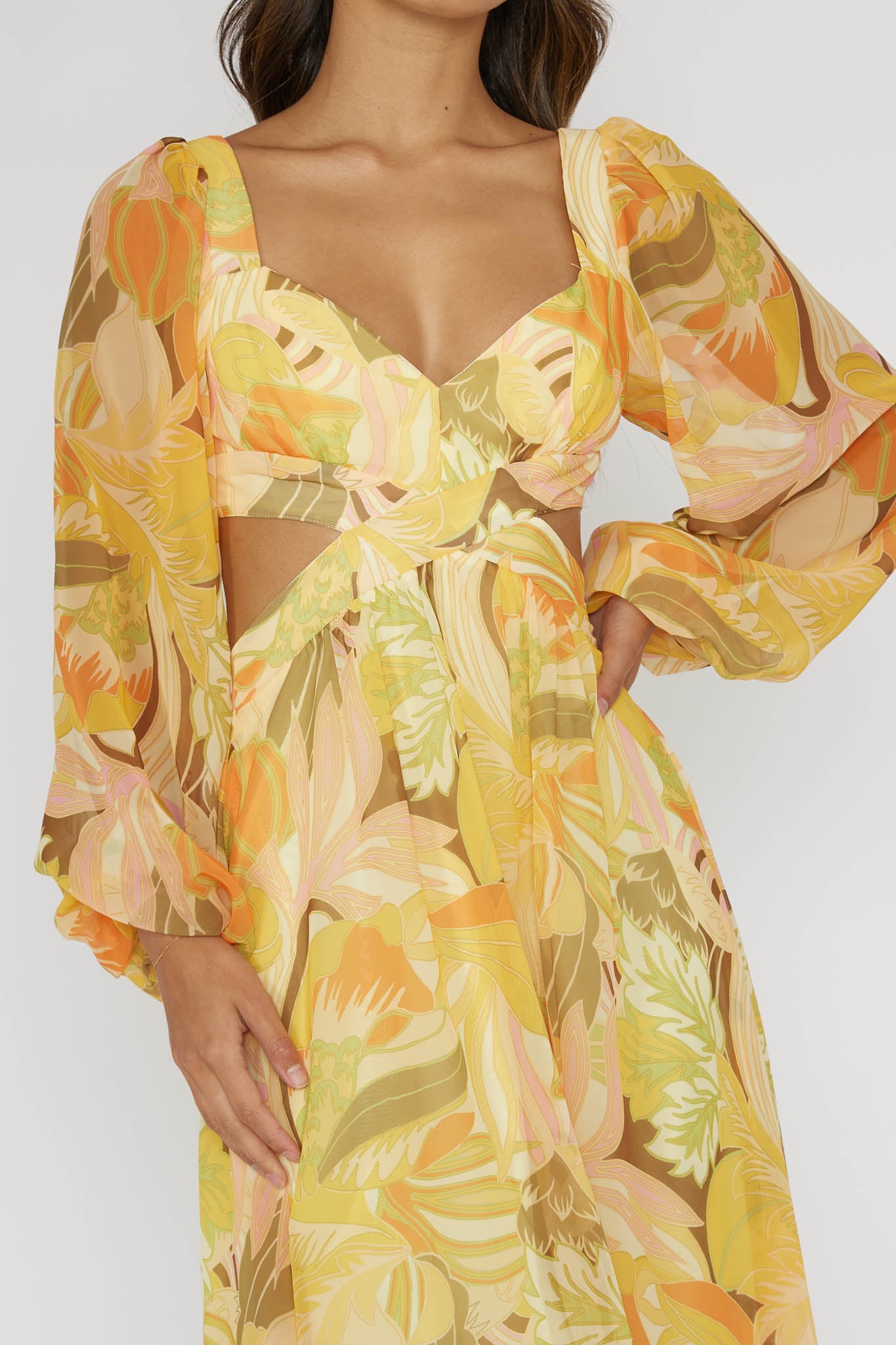 Maura Long Sleeve Lace-Up Back Dress Floral Yellow - S Maura Long Sleeve Lace-Up Back Dress Floral Yellow - S
