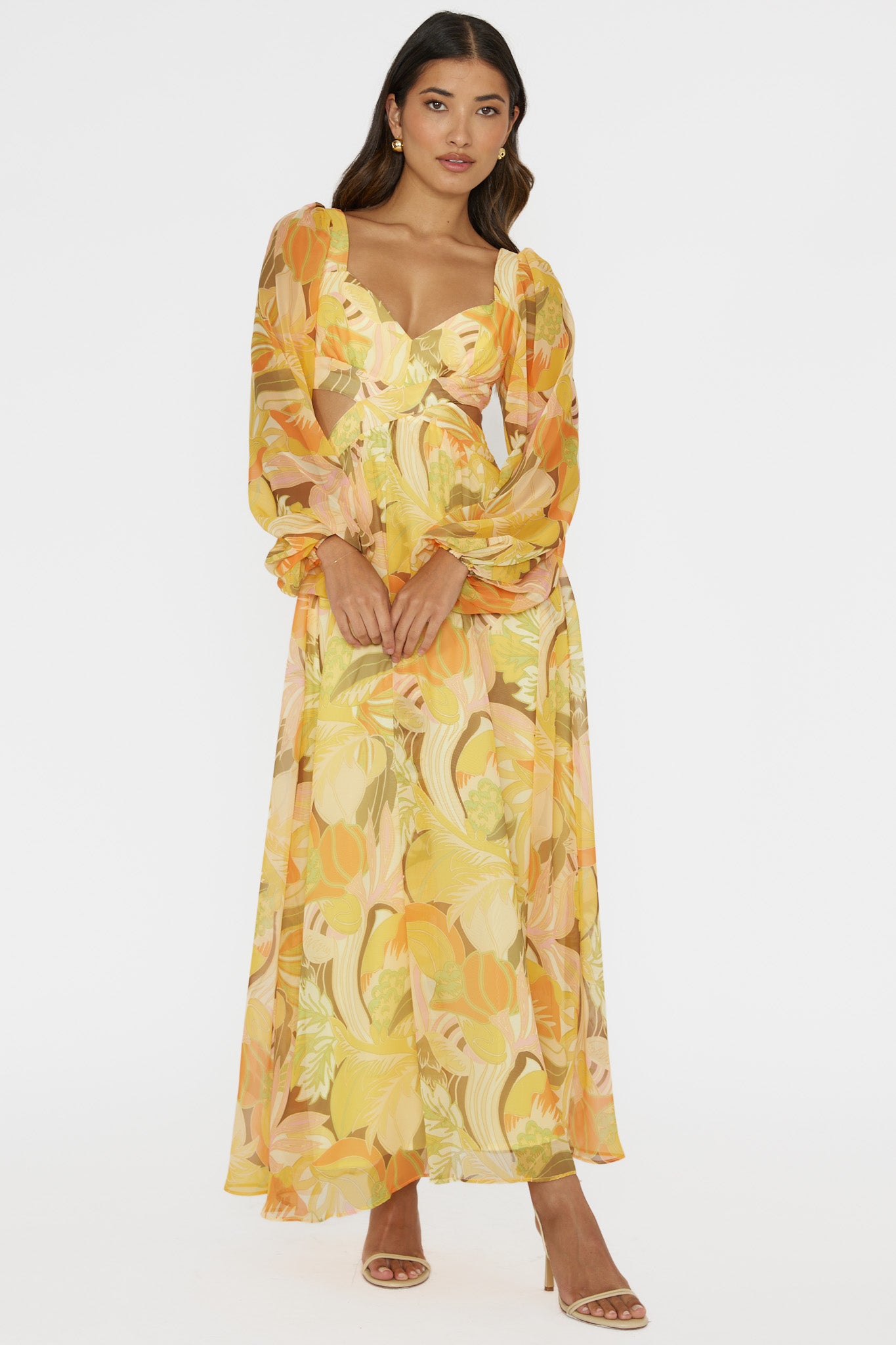 Maura Long Sleeve Lace-Up Back Dress Floral Yellow by Selfie Leslie