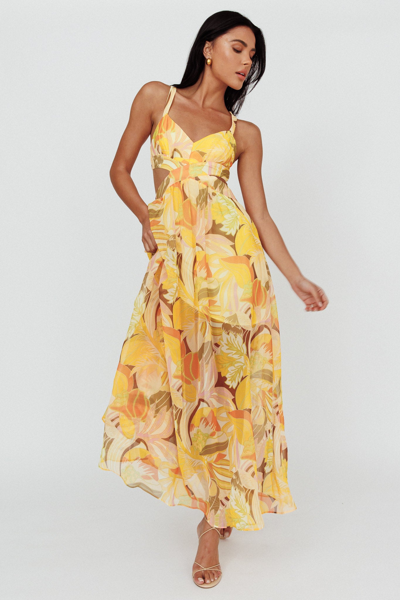 Maura Lace-Up Back Maxi Dress Floral Yellow by Selfie Leslie