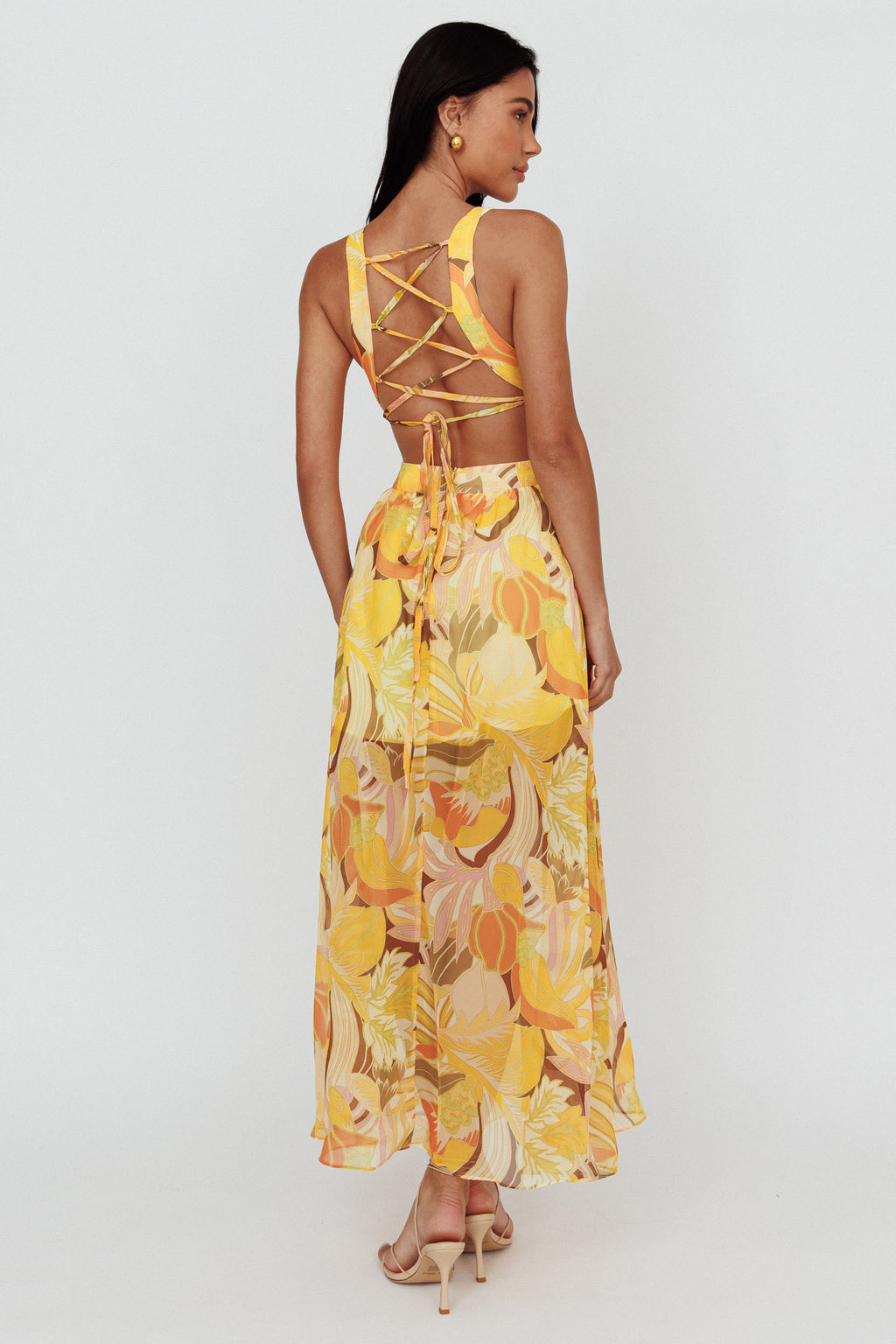 Maura Lace-Up Back Maxi Dress Floral Yellow by Selfie Leslie