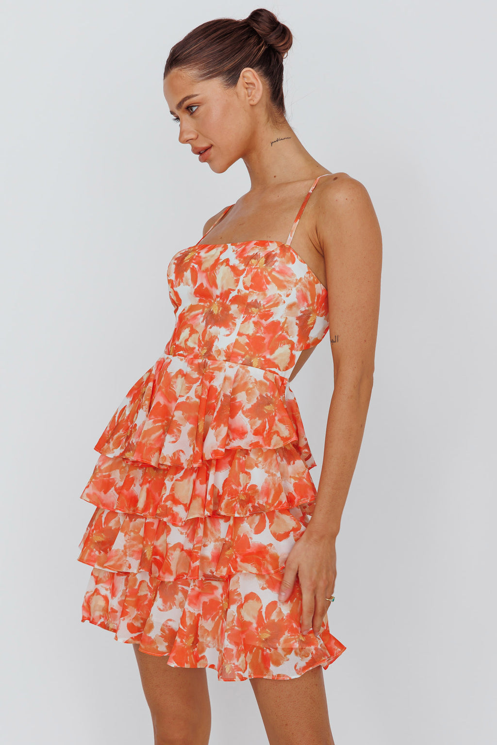 Lauran Tied Back Frill Dress Floral Orange by Selfie Leslie