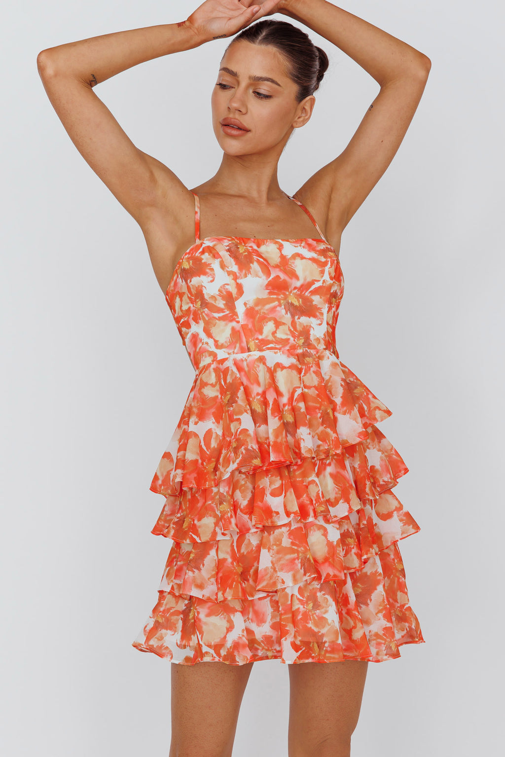 Lauran Tied Back Frill Dress Floral Orange by Selfie Leslie