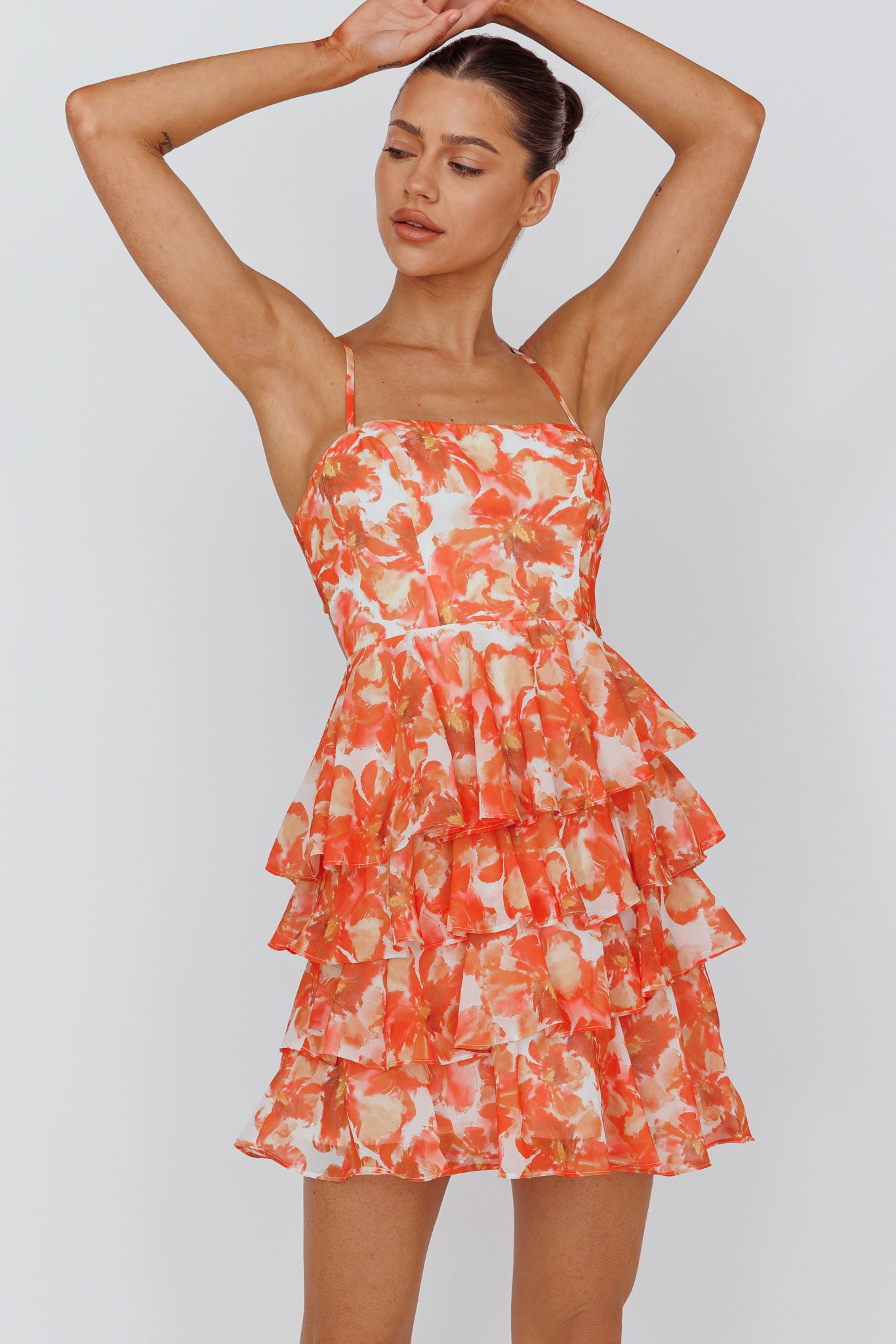 Lauran Tied Back Frill Dress Floral Orange by Selfie Leslie