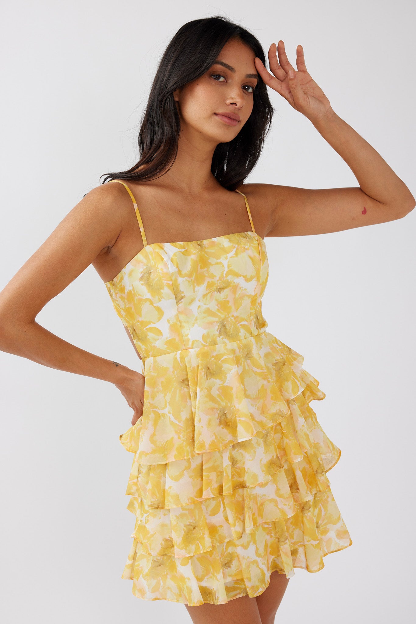 Lauran Tied Back Frill Dress Floral Yellow by Selfie Leslie