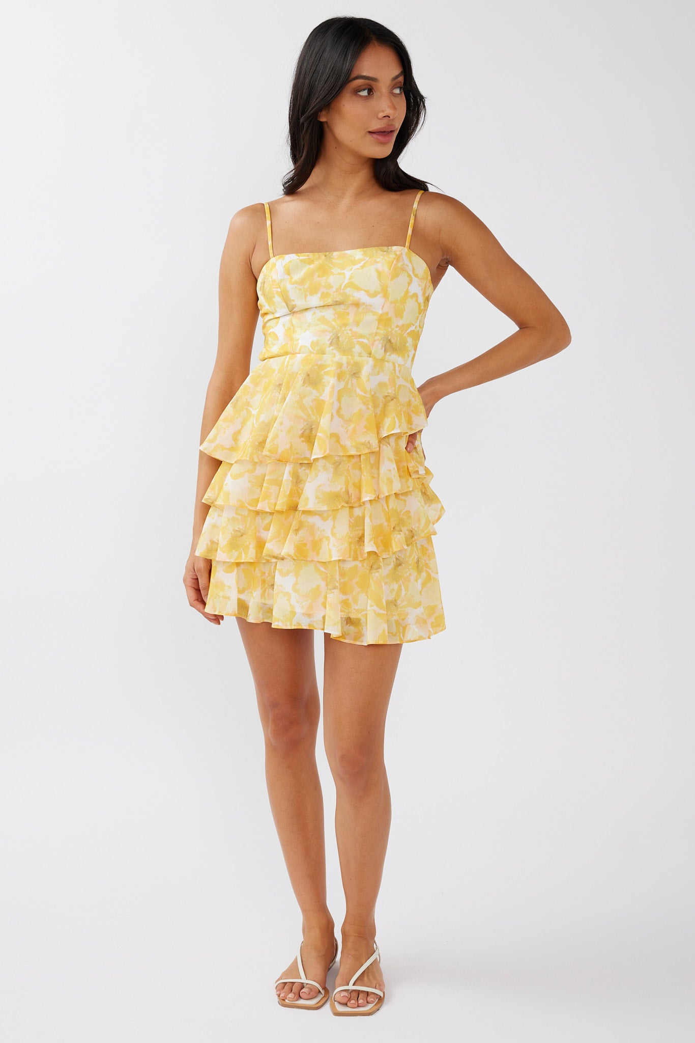 Lauran Tied Back Frill Dress Floral Yellow by Selfie Leslie