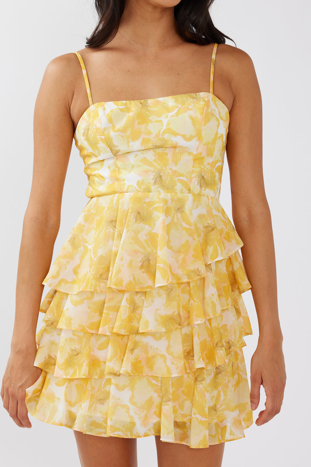 Lauran Tied Back Frill Dress Floral Yellow by Selfie Leslie