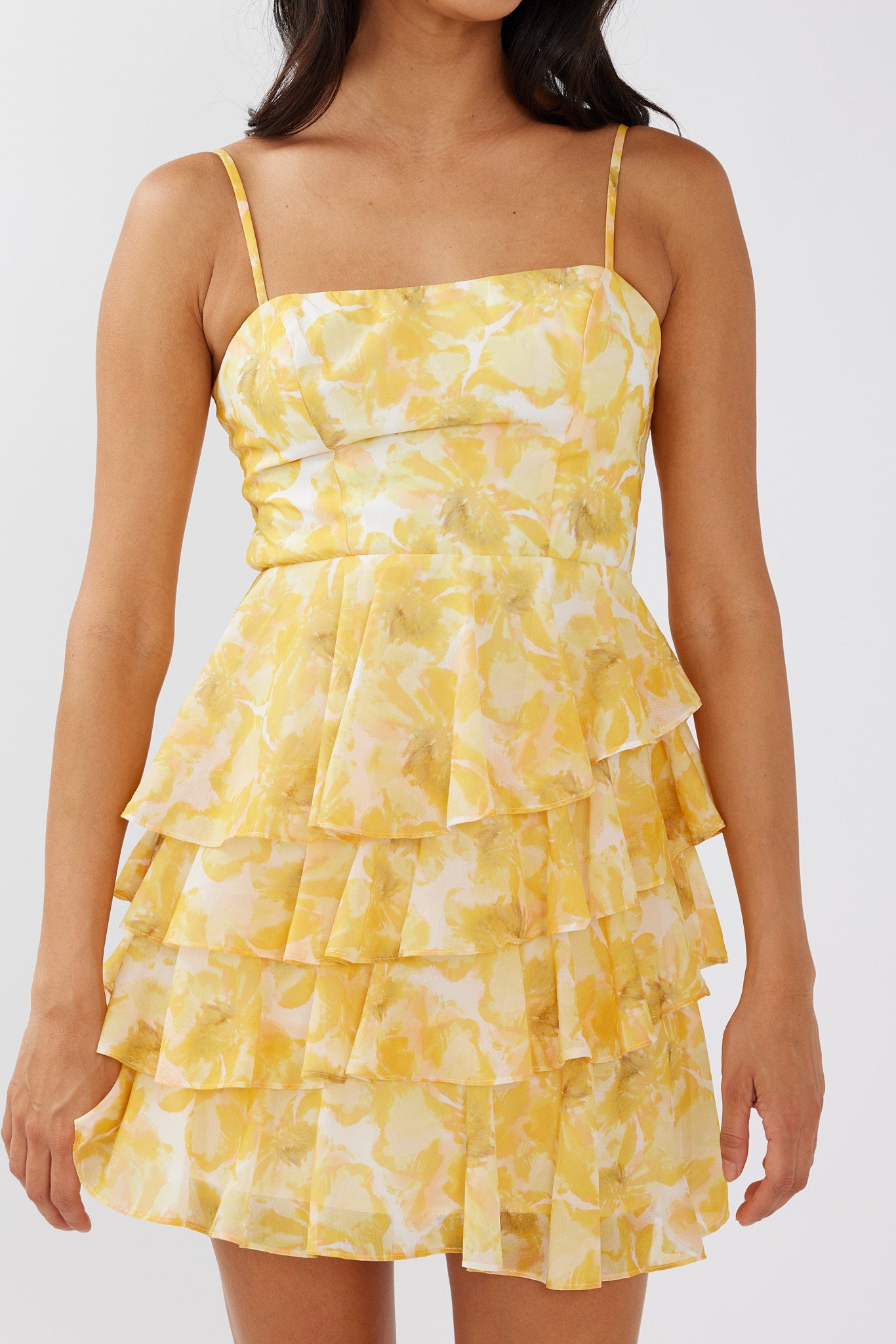 Lauran Tied Back Frill Dress Floral Yellow by Selfie Leslie