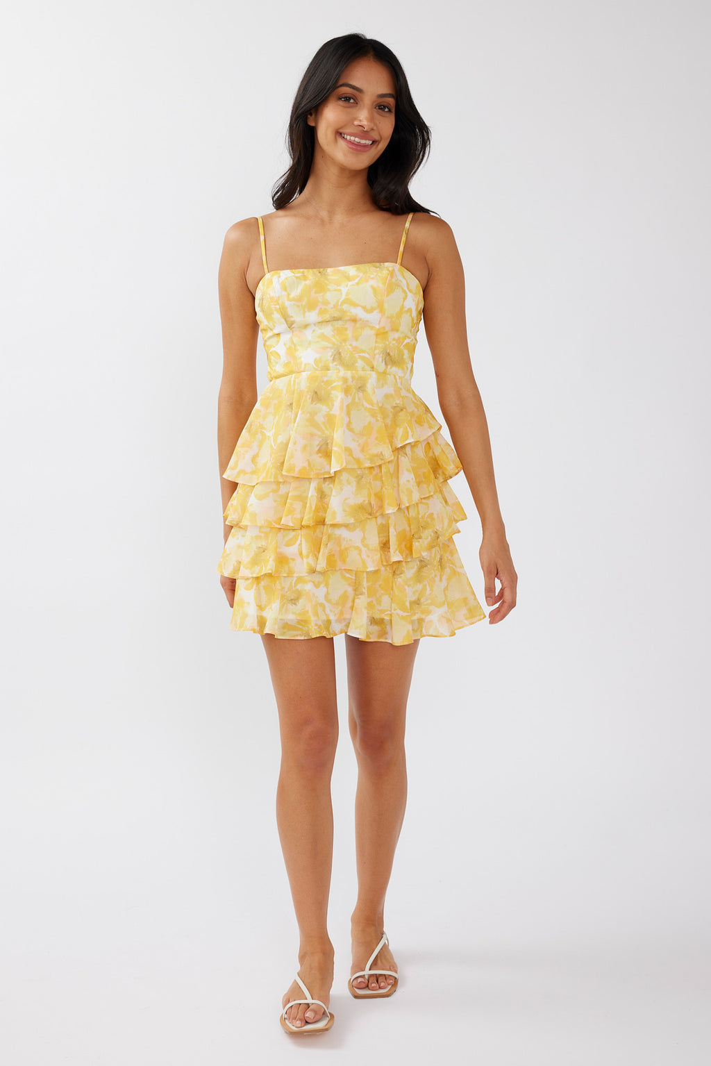 Lauran Tied Back Frill Dress Floral Yellow by Selfie Leslie