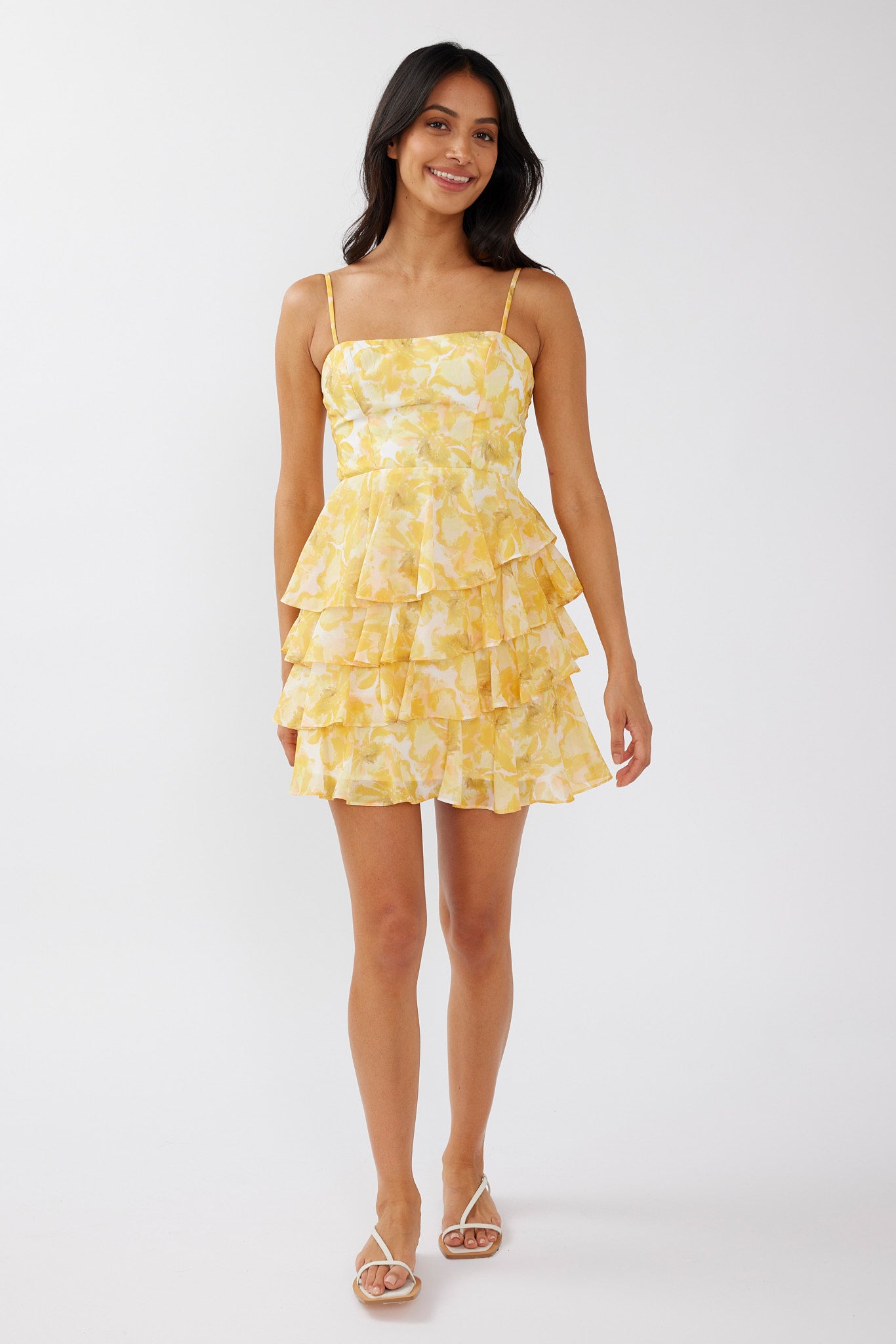 Lauran Tied Back Frill Dress Floral Yellow by Selfie Leslie