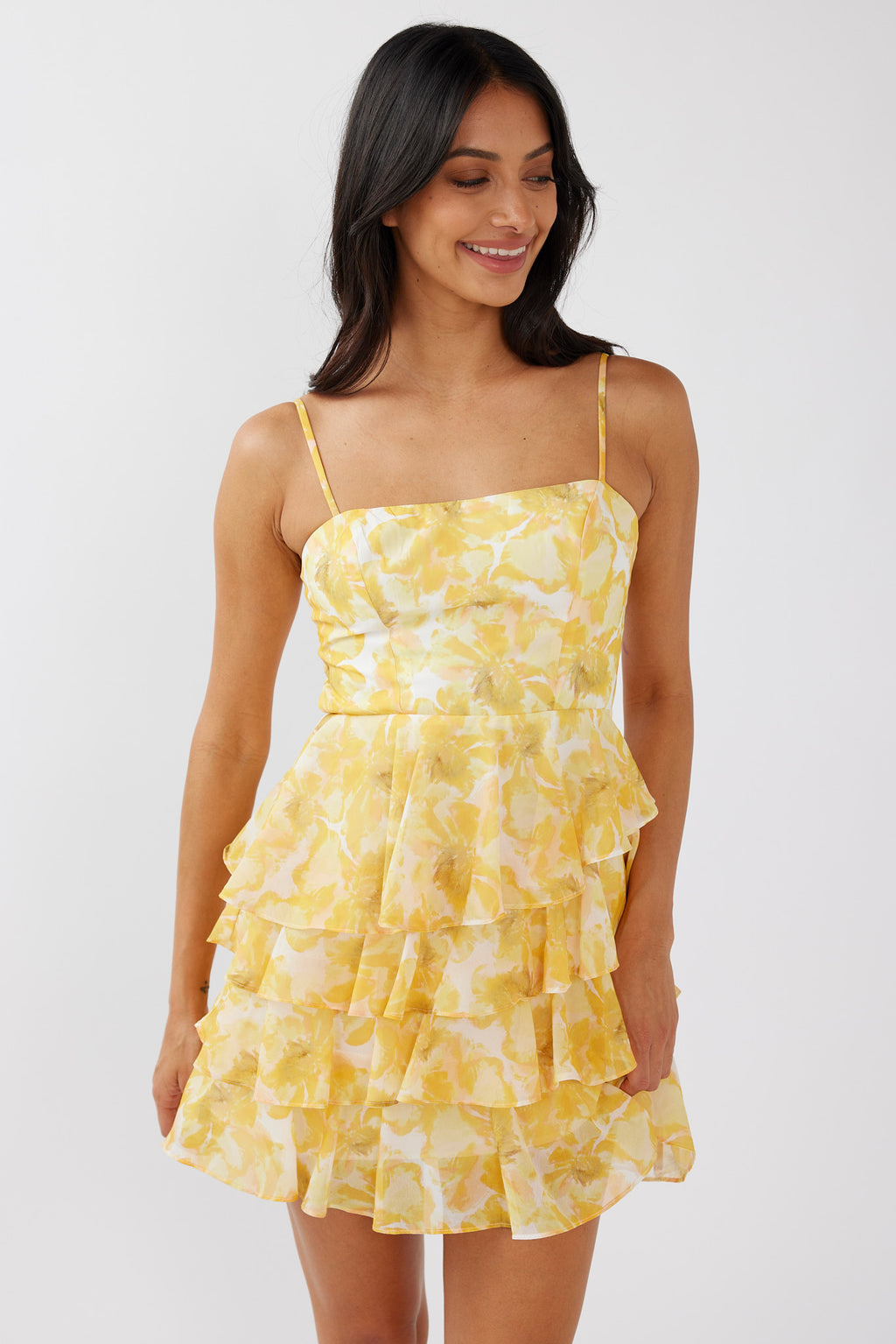 Lauran Tied Back Frill Dress Floral Yellow by Selfie Leslie