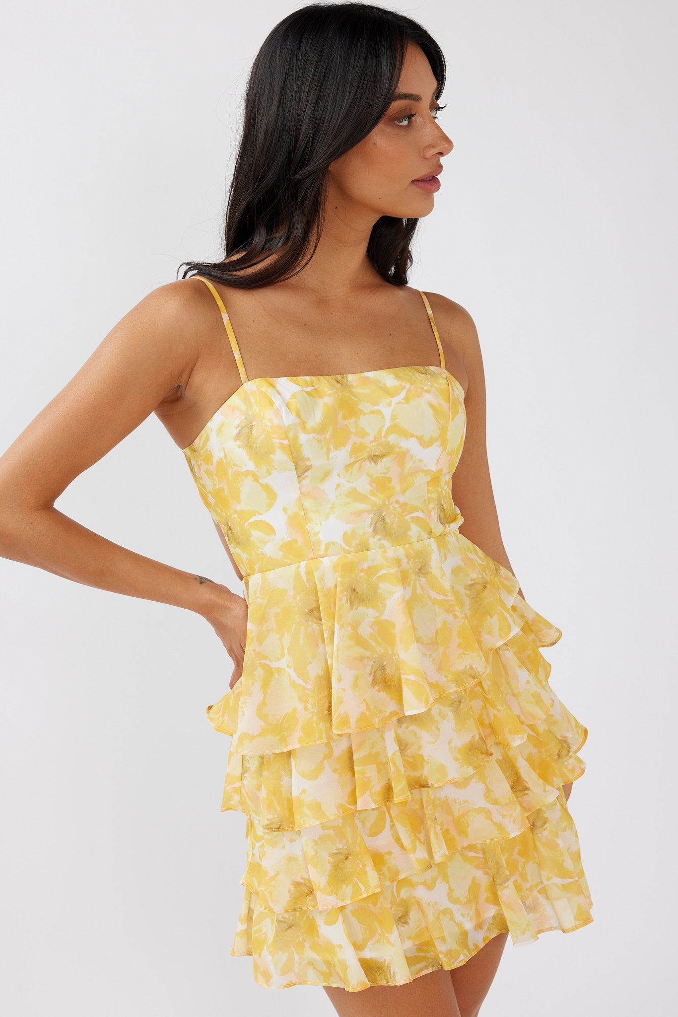 Lauran Tied Back Frill Dress Floral Yellow by Selfie Leslie