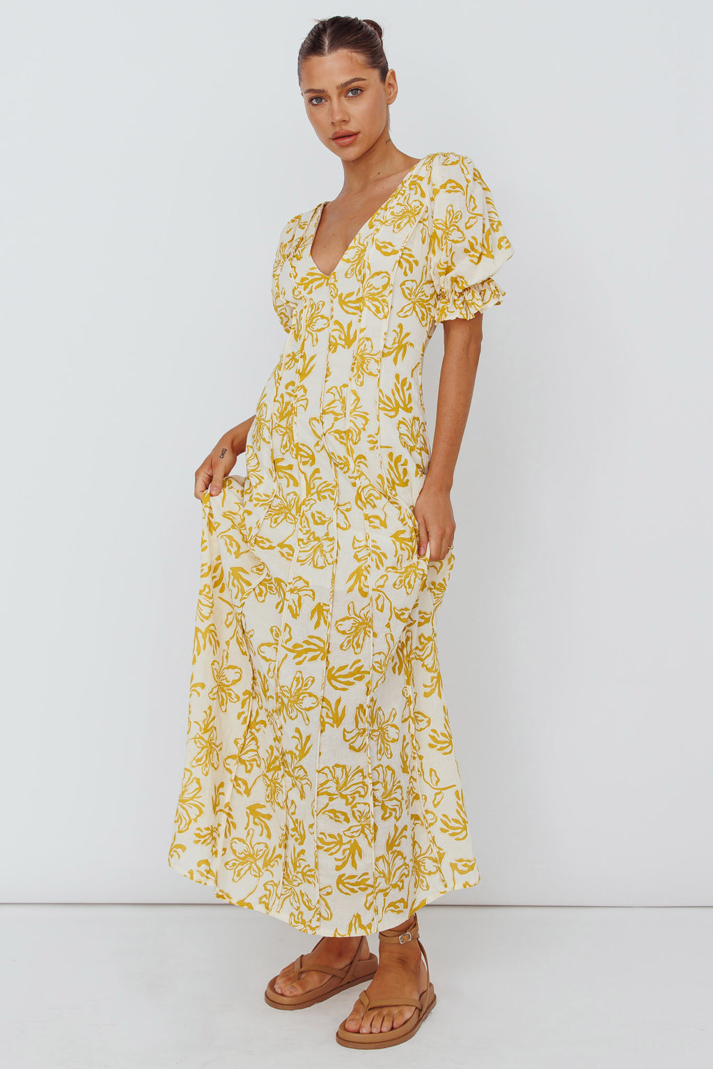 Sitting Pretty Pintuck Pleat Puff Sleeve Dress Yellow by Selfie Leslie
