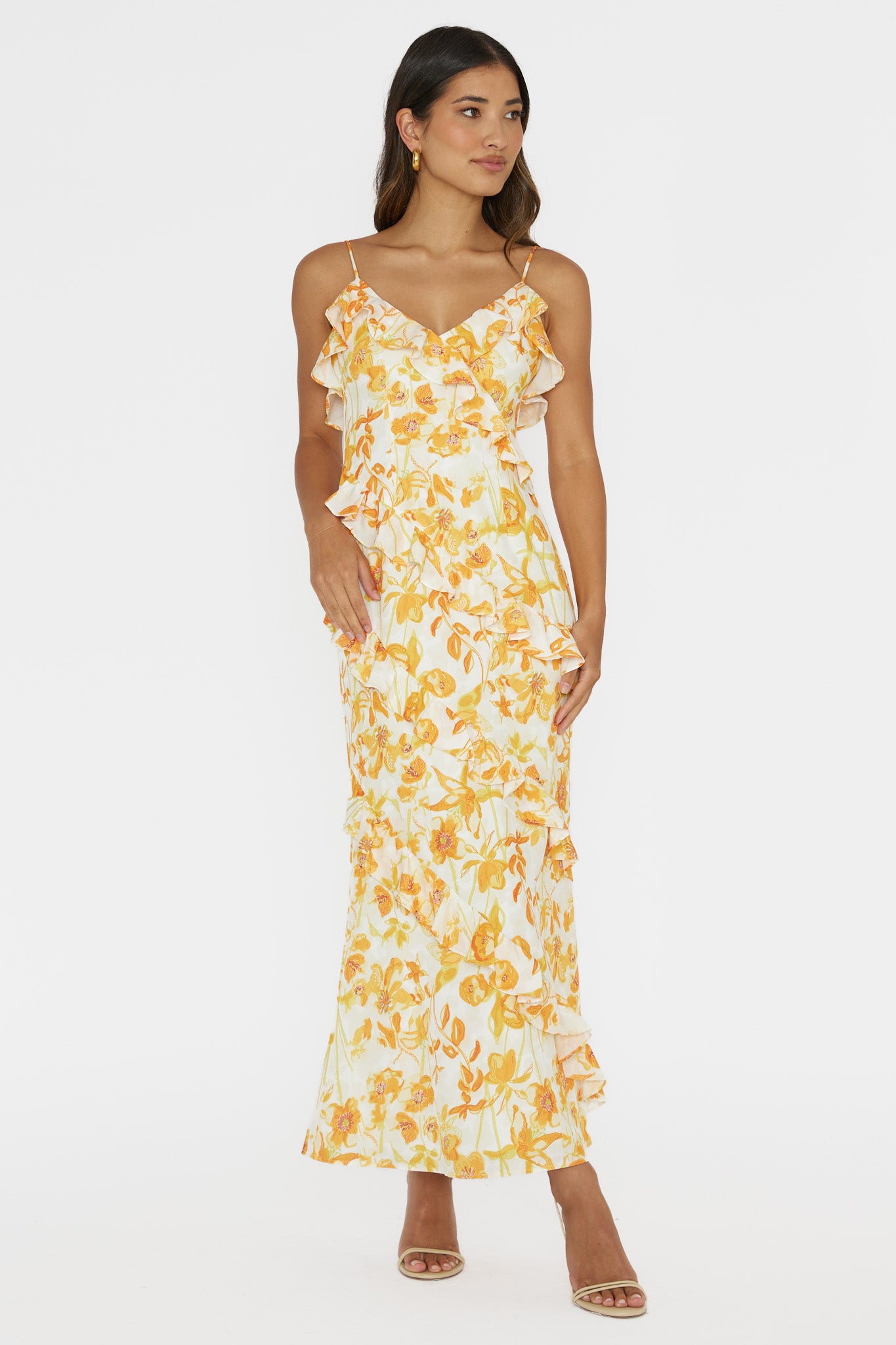 Silvana Frill Trim Midi Dress Floral Orange by Selfie Leslie