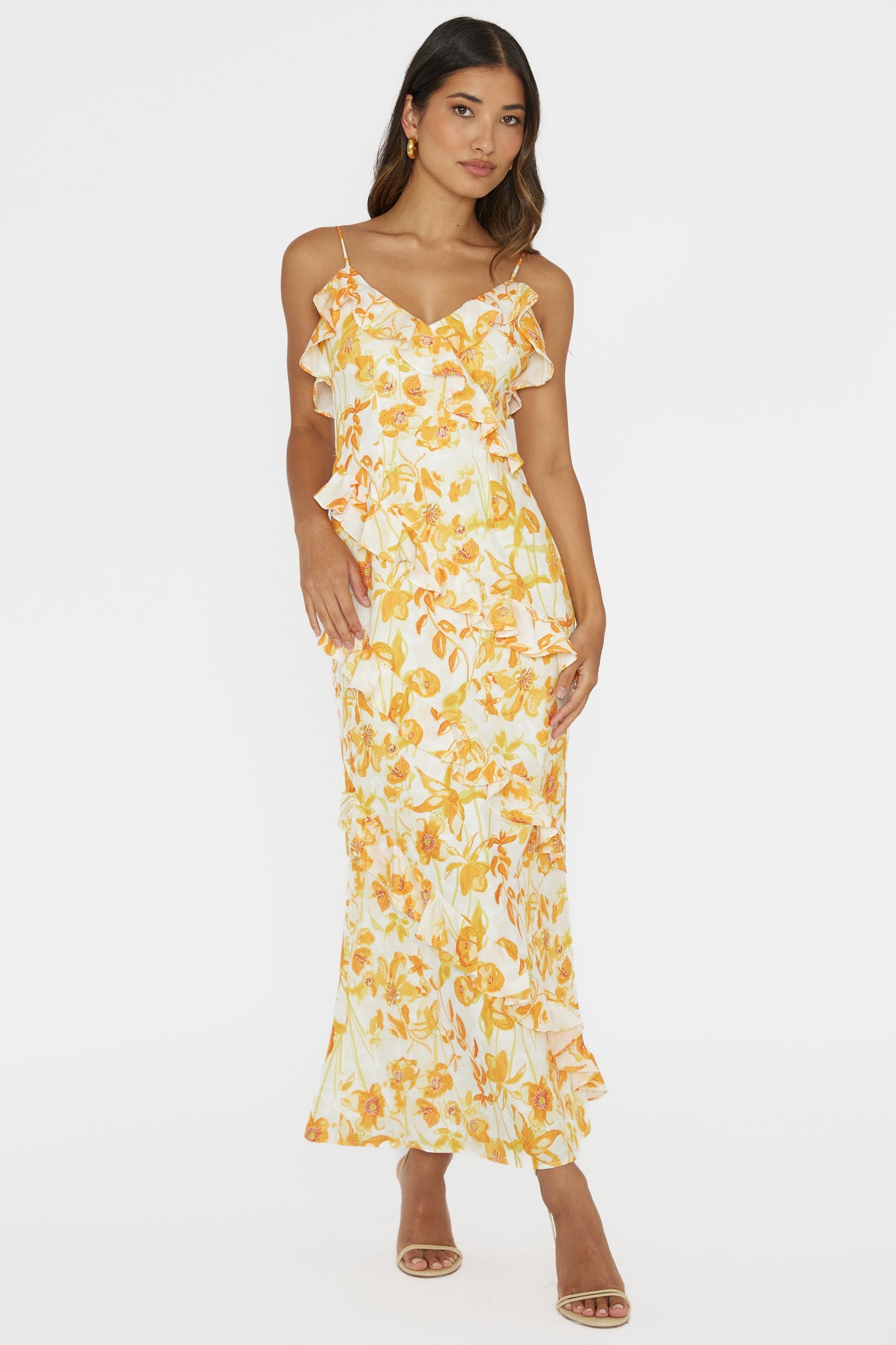 Silvana Frill Trim Midi Dress Floral Orange M