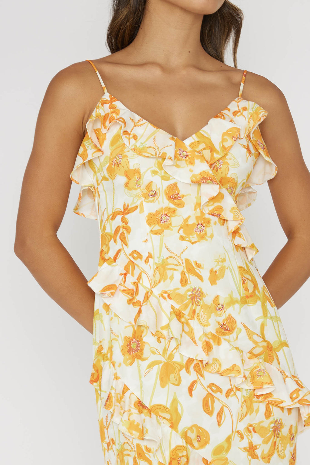Silvana Frill Trim Midi Dress Floral Orange by Selfie Leslie