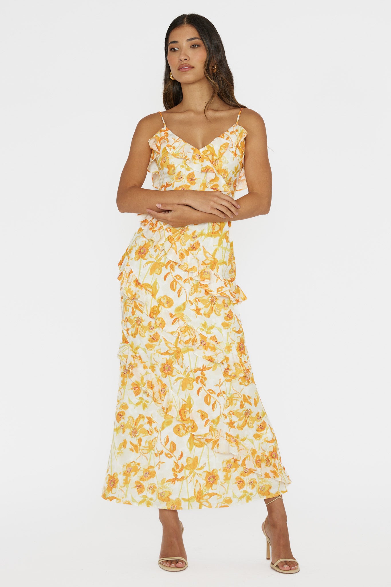 Silvana Frill Trim Midi Dress Floral Orange by Selfie Leslie