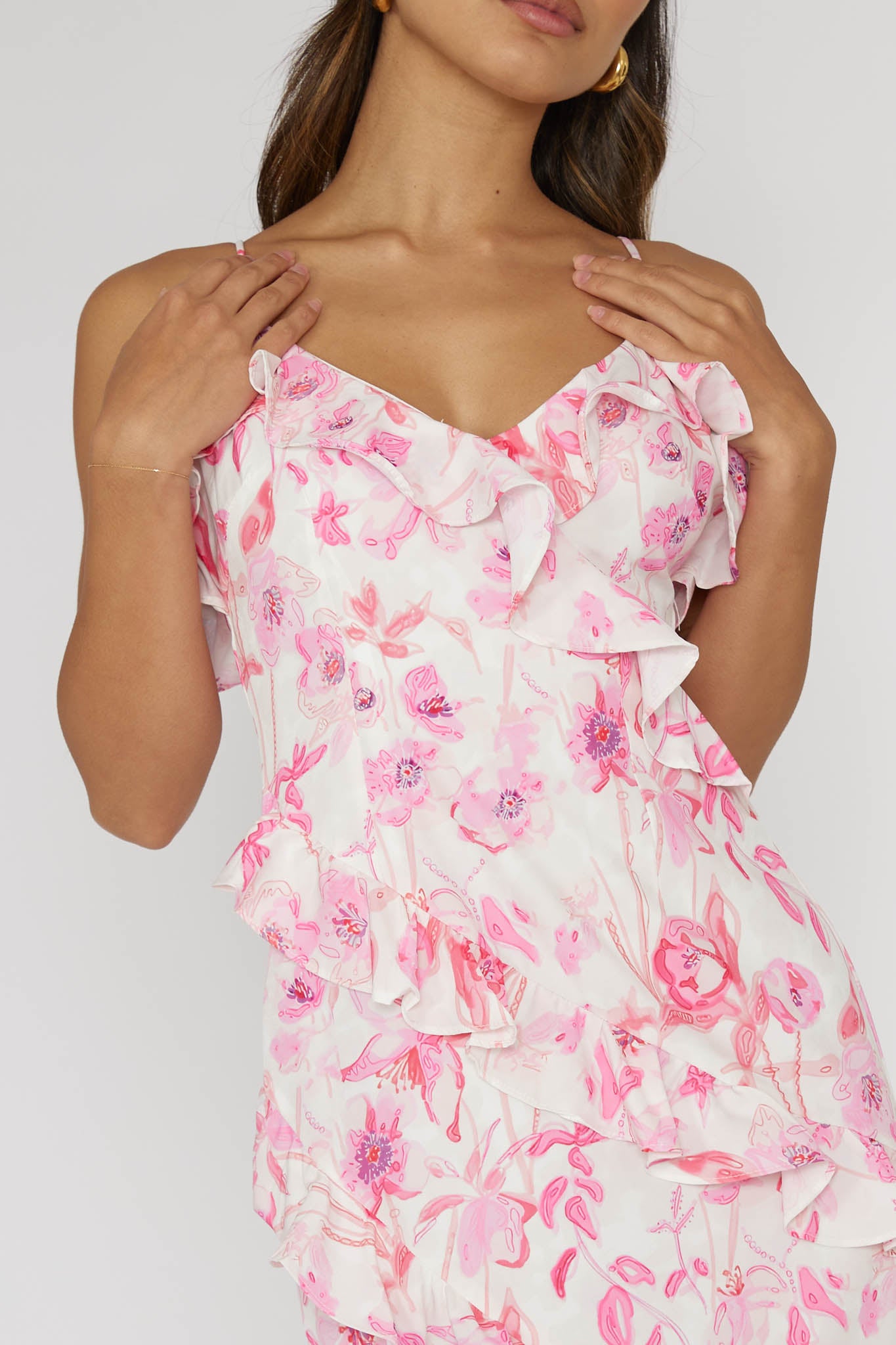 Silvana Frill Trim Midi Dress Floral Pink by Selfie Leslie