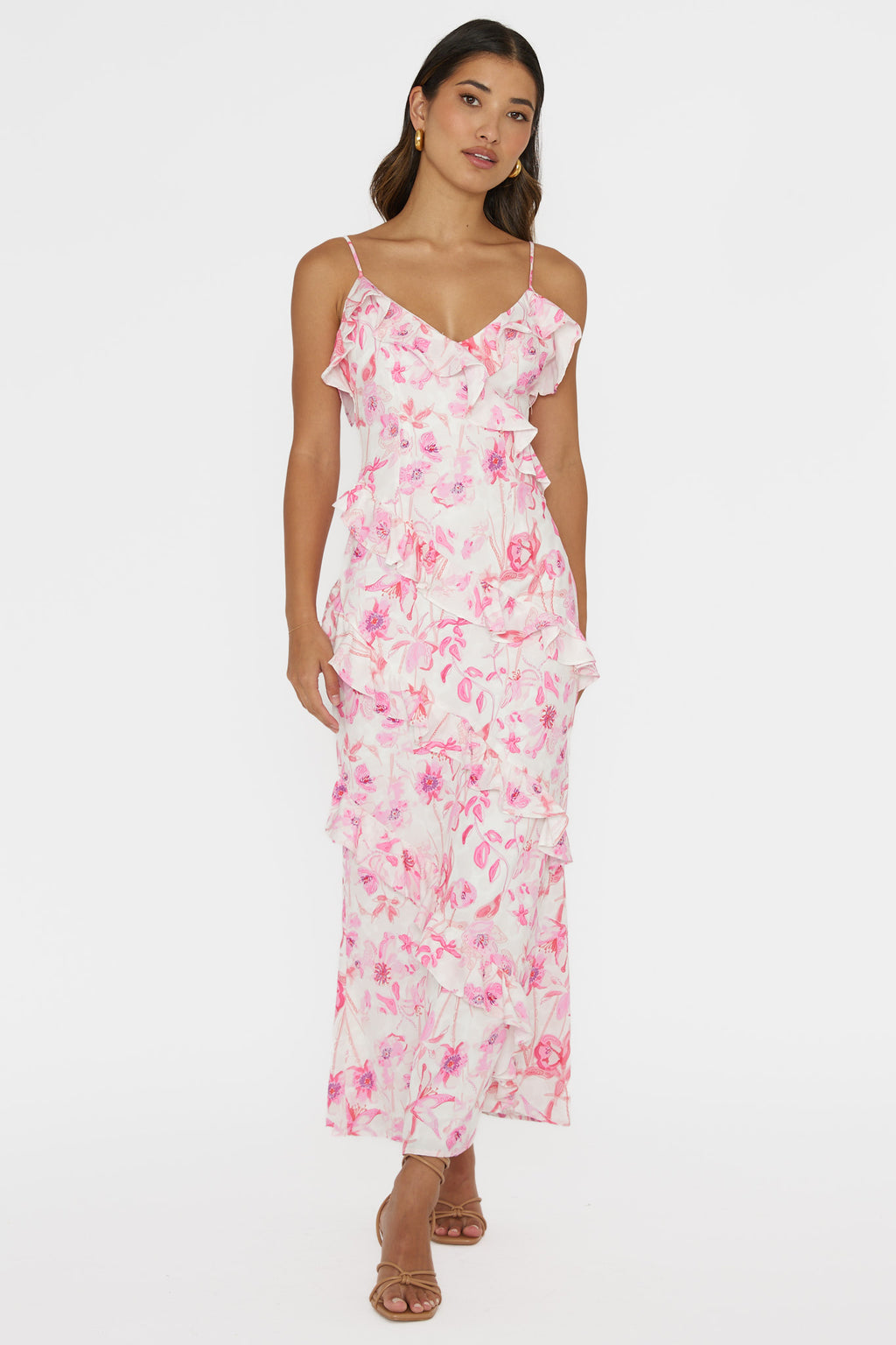 Silvana Frill Trim Midi Dress Floral Pink by Selfie Leslie