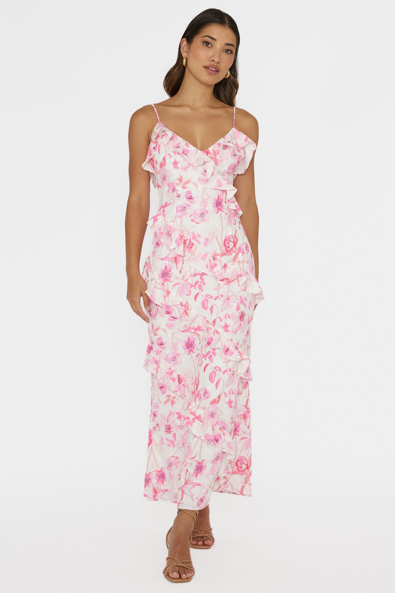 Silvana Frill Trim Midi Dress Floral Pink by Selfie Leslie