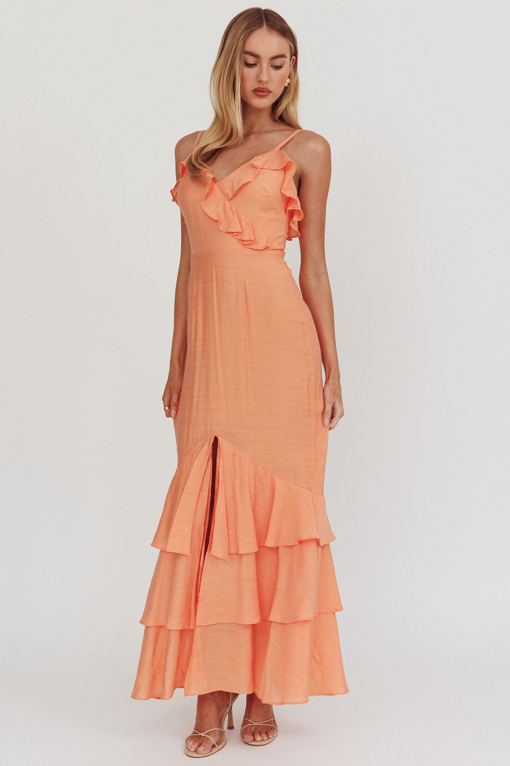 Silvana Frill Trim Split Maxi Dress Orange by Selfie Leslie