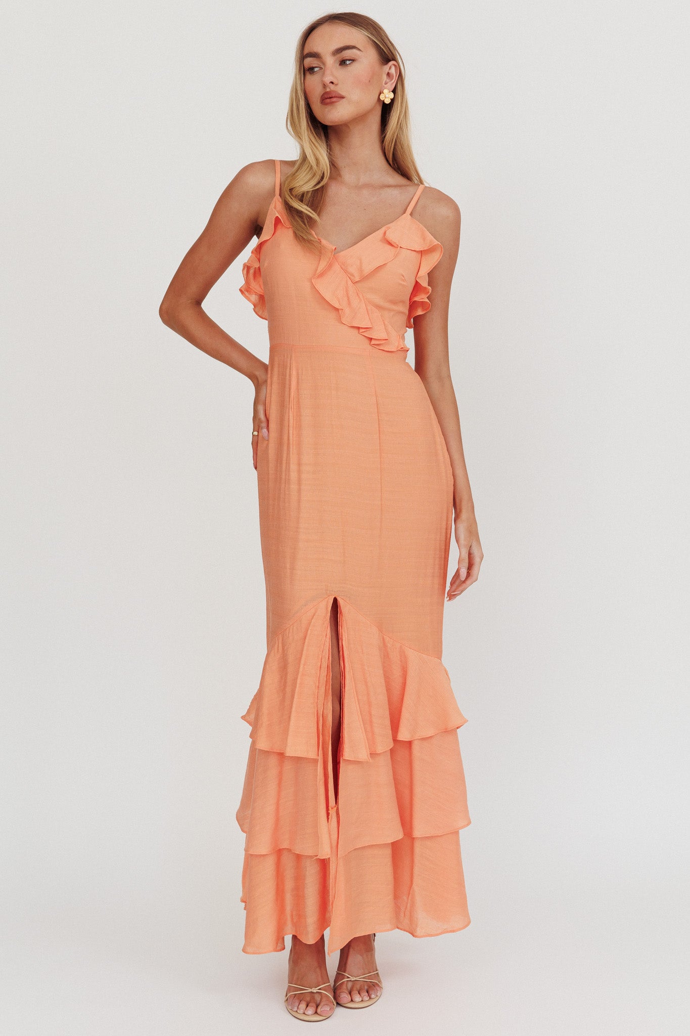 Silvana Frill Trim Split Maxi Dress Orange by Selfie Leslie