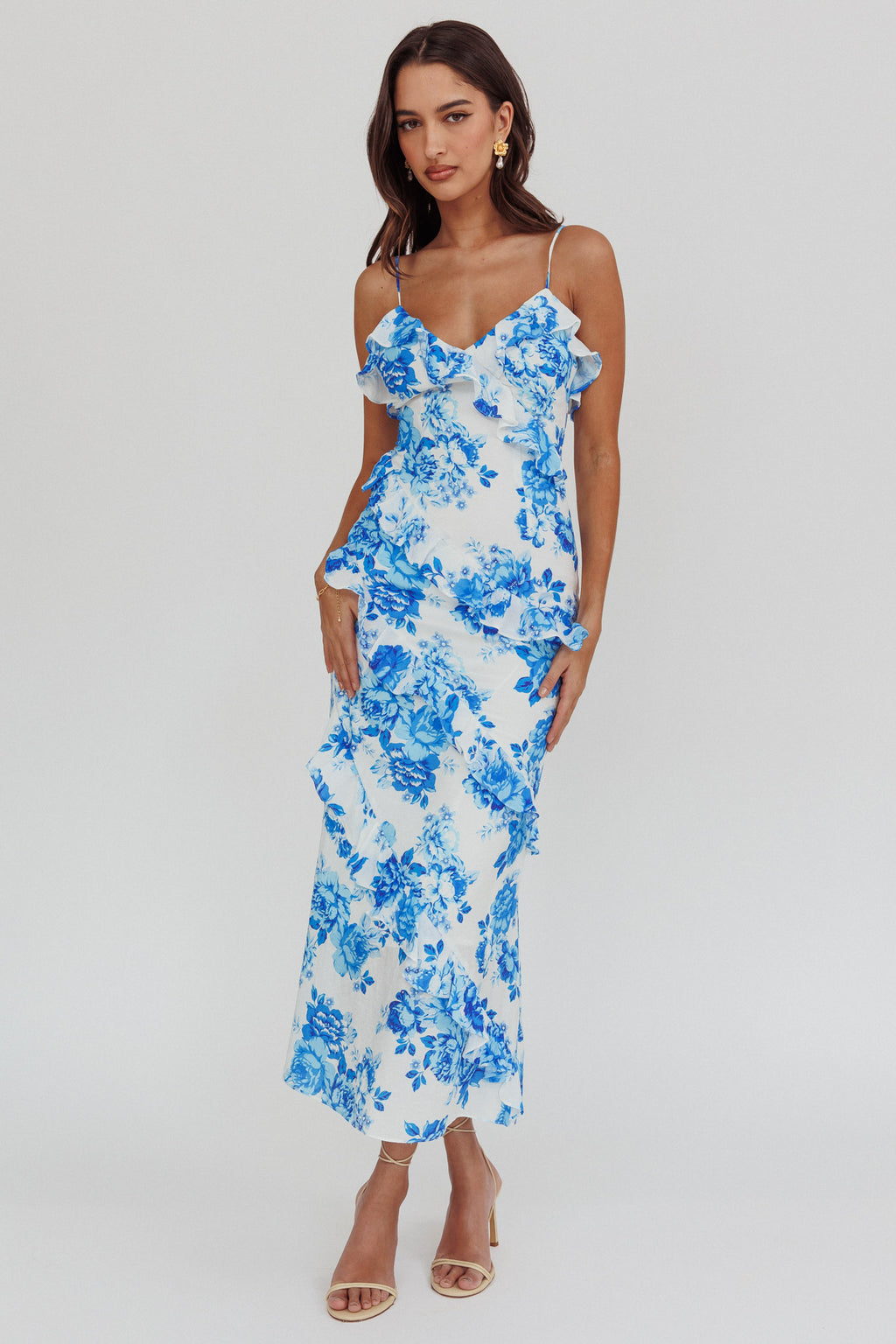 Silvana Frill Trim Maxi Dress Floral Blue by Selfie Leslie
