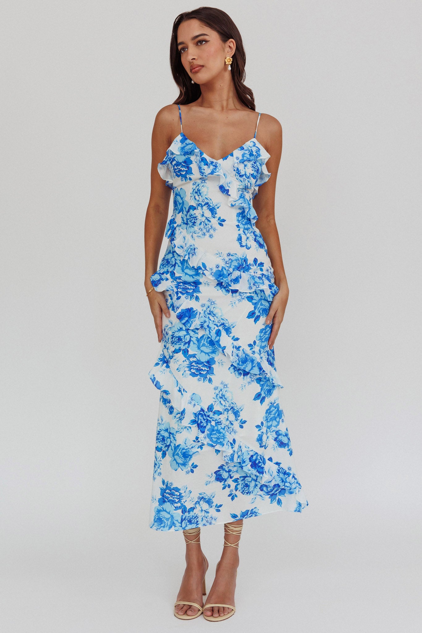 Silvana Frill Trim Maxi Dress Floral Blue by Selfie Leslie