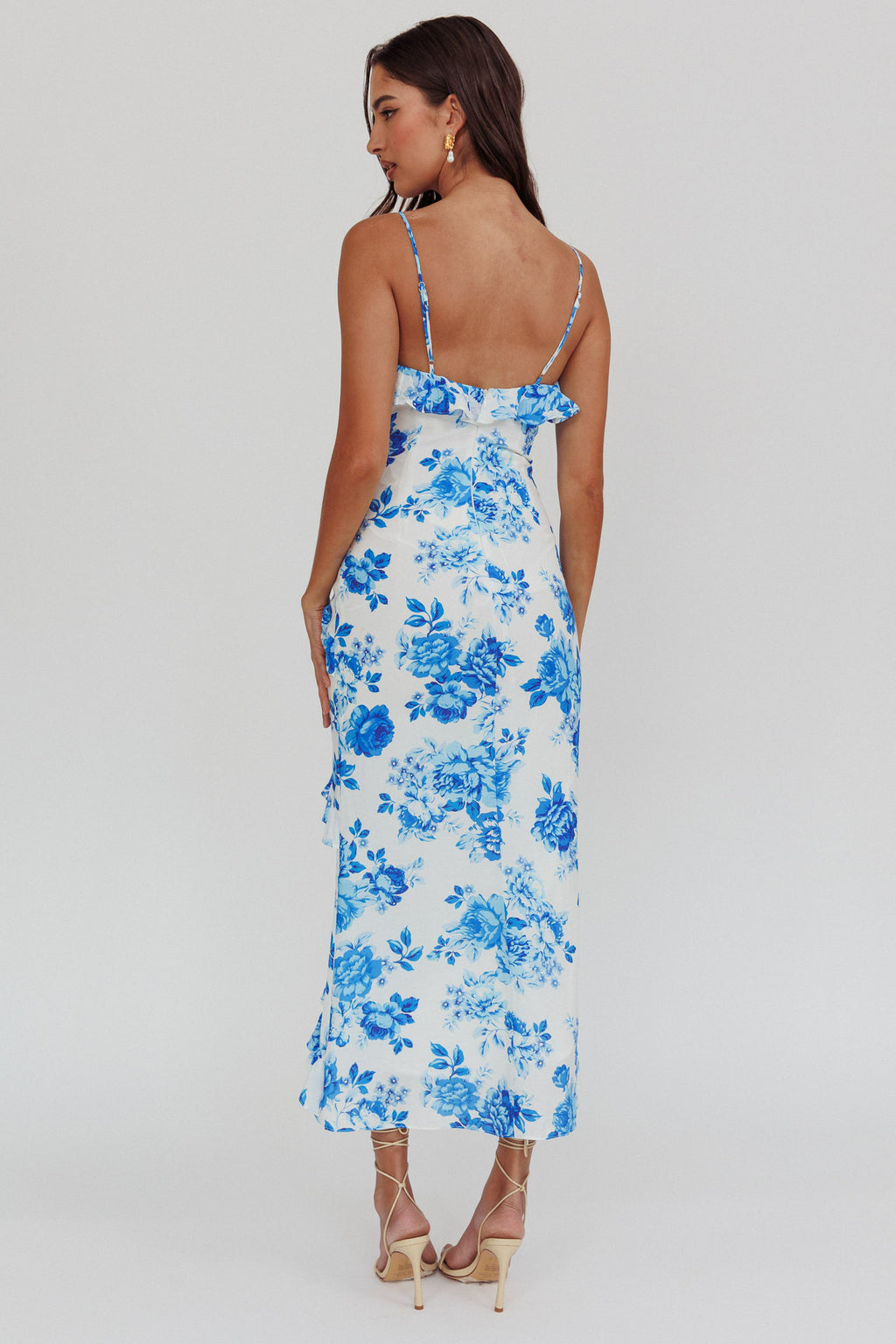 Silvana Frill Trim Maxi Dress Floral Blue by Selfie Leslie