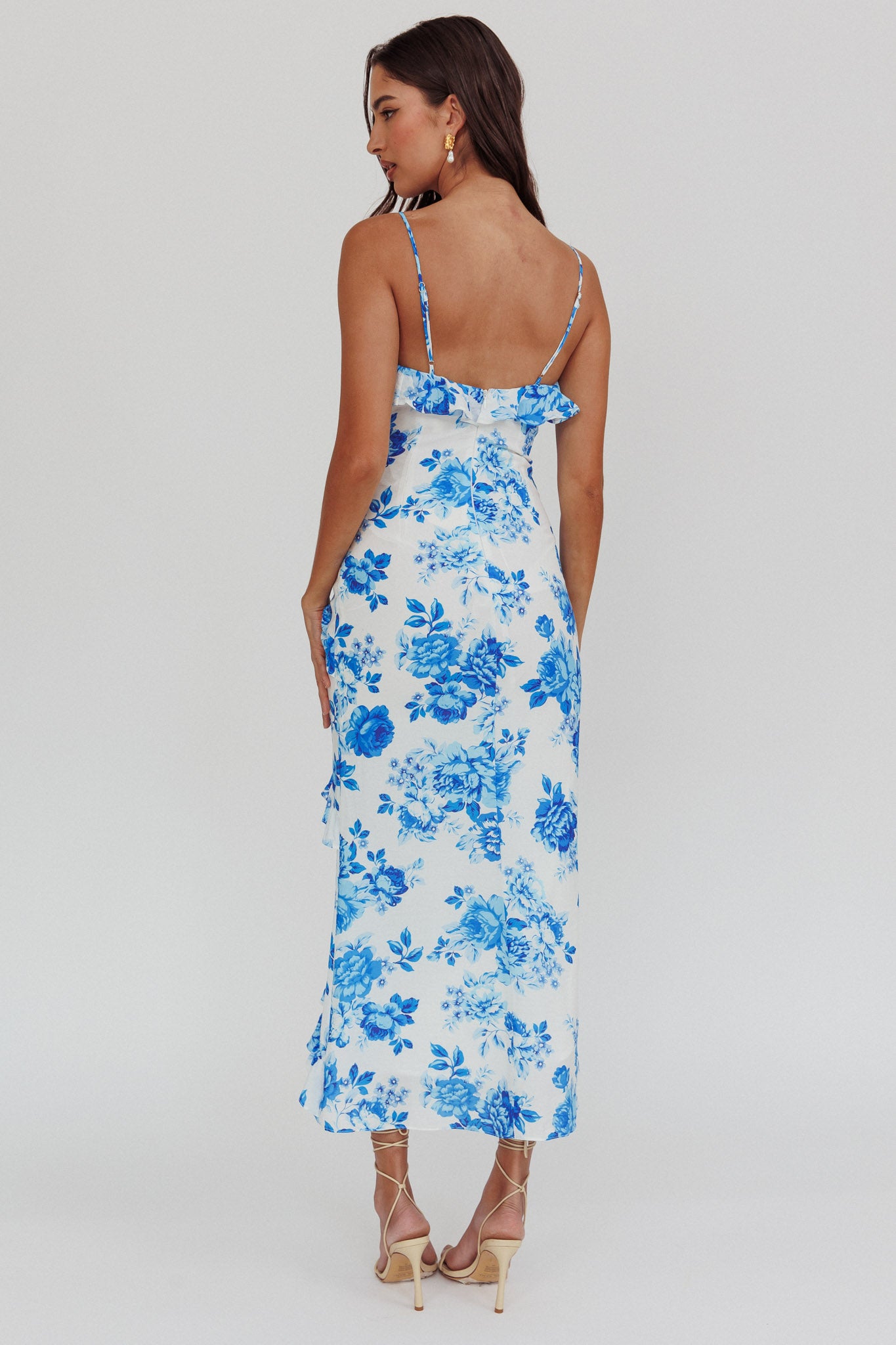 Silvana Frill Trim Maxi Dress Floral Blue by Selfie Leslie