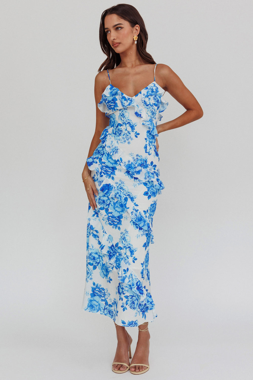 Silvana Frill Trim Maxi Dress Floral Blue by Selfie Leslie