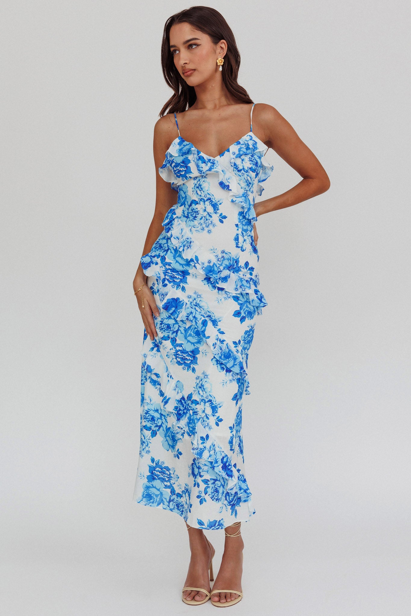 Silvana Frill Trim Maxi Dress Floral Blue by Selfie Leslie