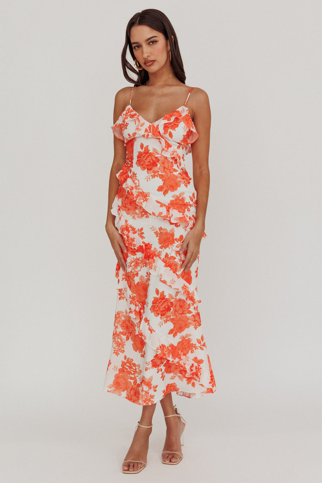 Silvana Frill Trim Maxi Dress Floral Orange by Selfie Leslie