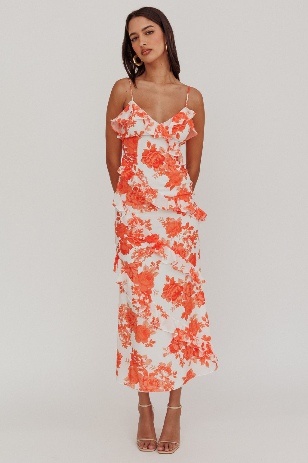 Silvana Frill Trim Maxi Dress Floral Orange by Selfie Leslie