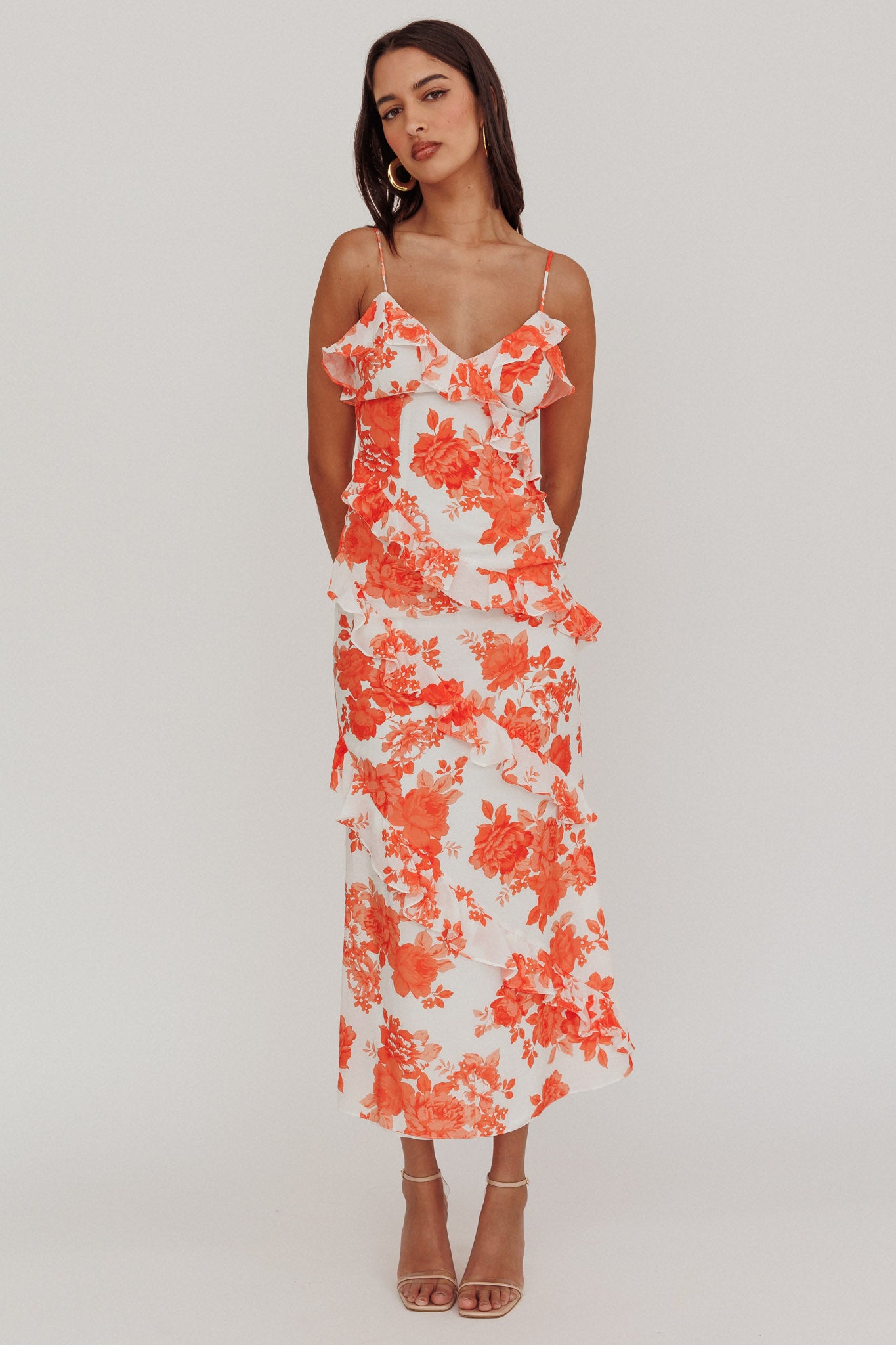 Silvana Frill Trim Maxi Dress Floral Orange by Selfie Leslie