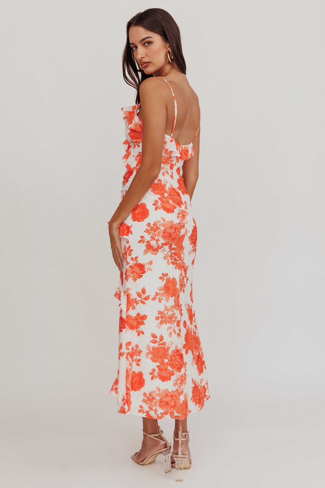 Silvana Frill Trim Maxi Dress Floral Orange by Selfie Leslie