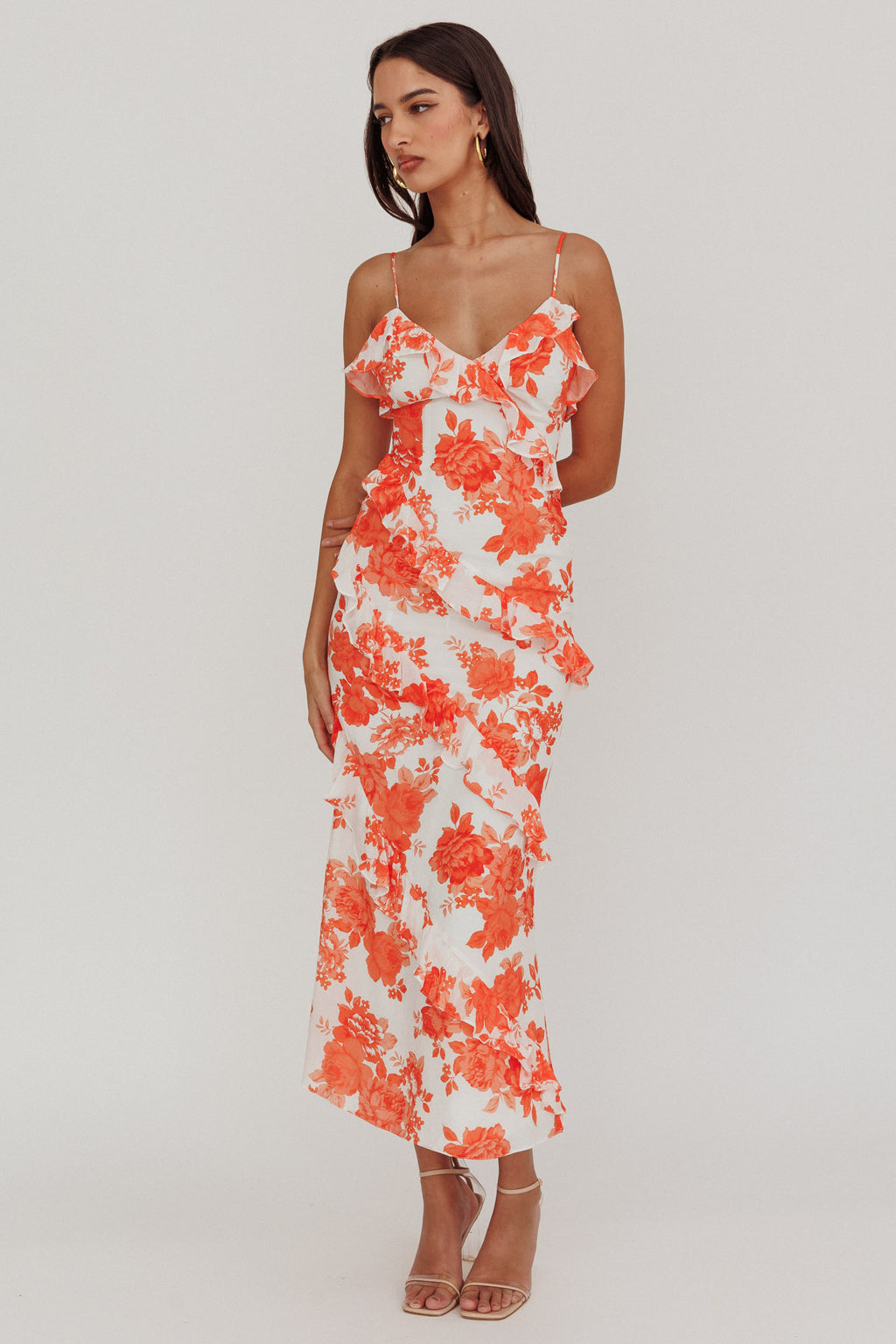 Silvana Frill Trim Maxi Dress Floral Orange by Selfie Leslie