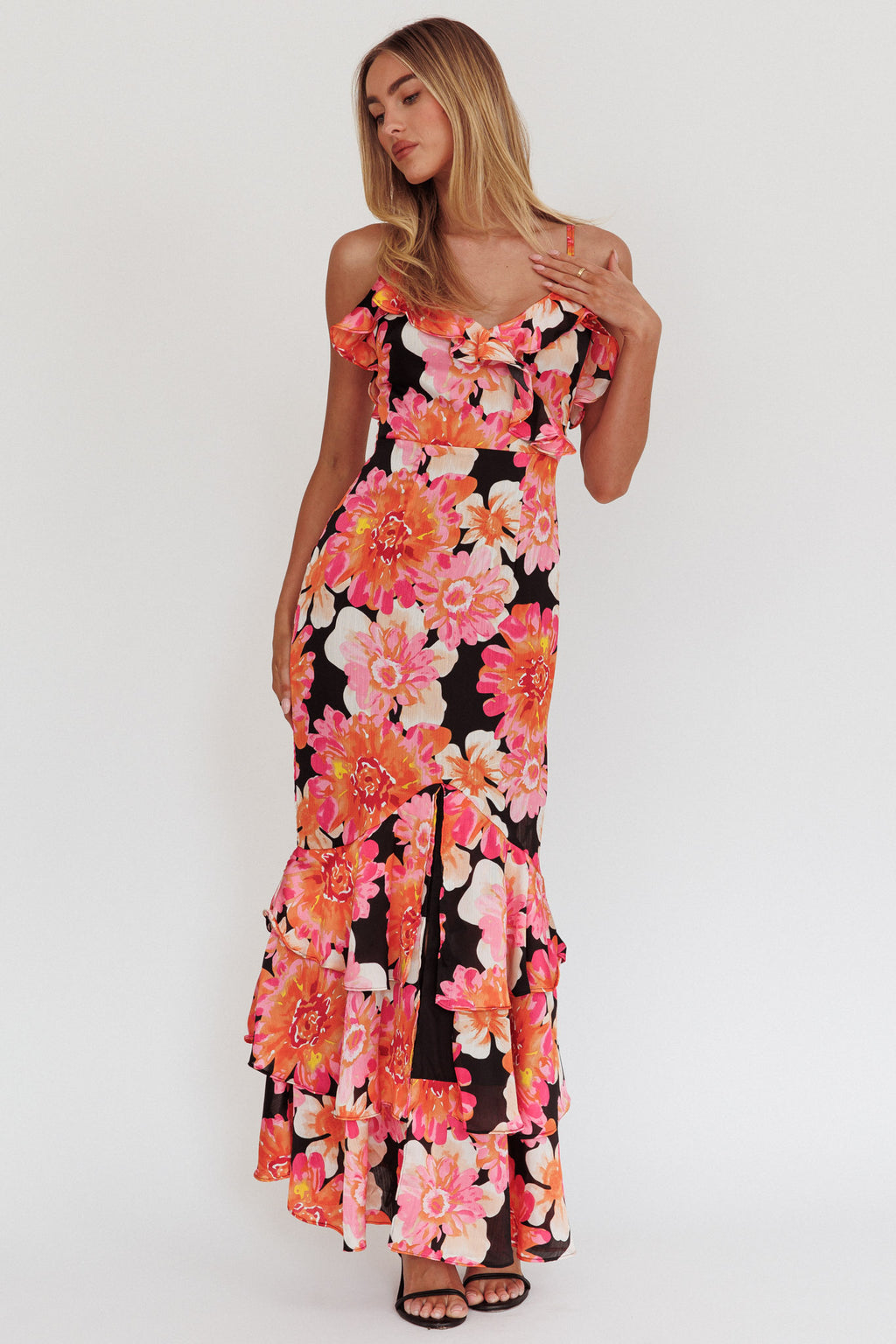 Silvana Frill Trim Maxi Dress Black/Pink by Selfie Leslie