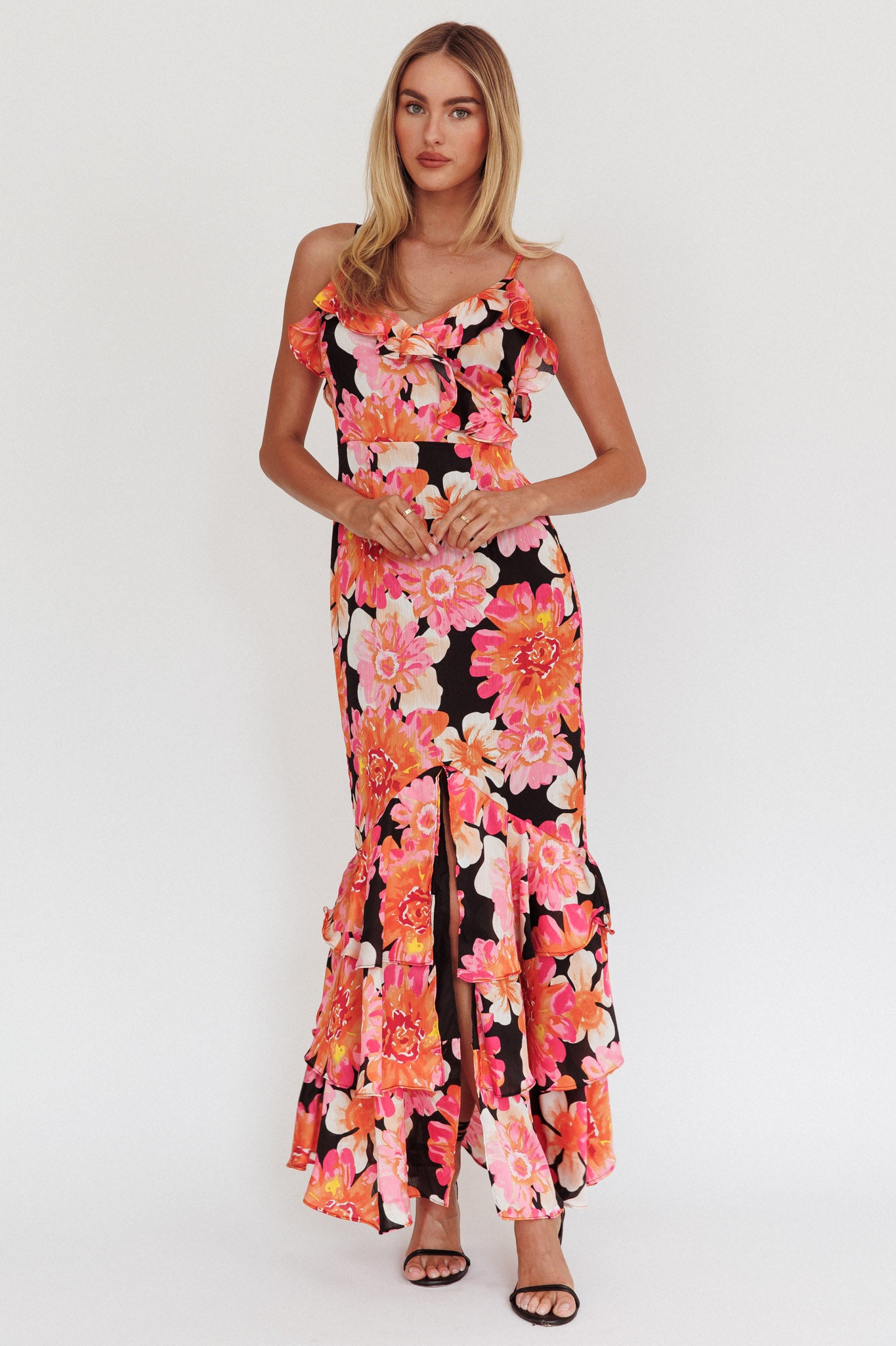 Silvana Frill Trim Maxi Dress Black/Pink by Selfie Leslie