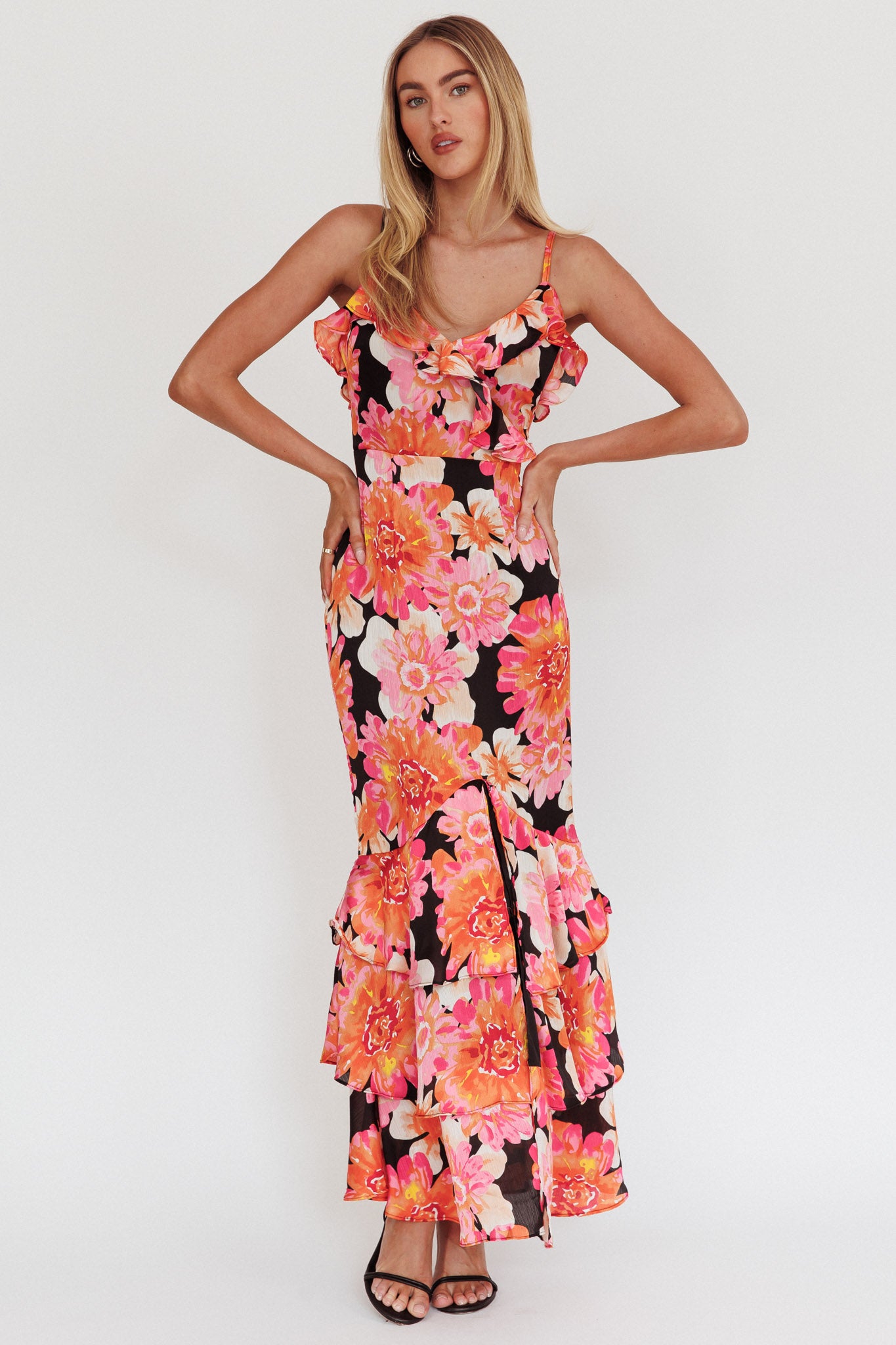 Silvana Frill Trim Maxi Dress Black/Pink by Selfie Leslie